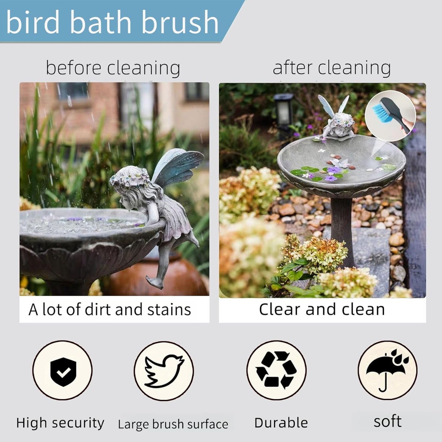 2 Pcs Bird Bath Brushes，Bathtub Cleaning Brush，Hummingbird Feeder Cleaning Brushes，Fountain Cleaner Safe for Birds and Cage，Concrete Bird Baths for Outdoors (Soft Brush with Big Brushing Surface)