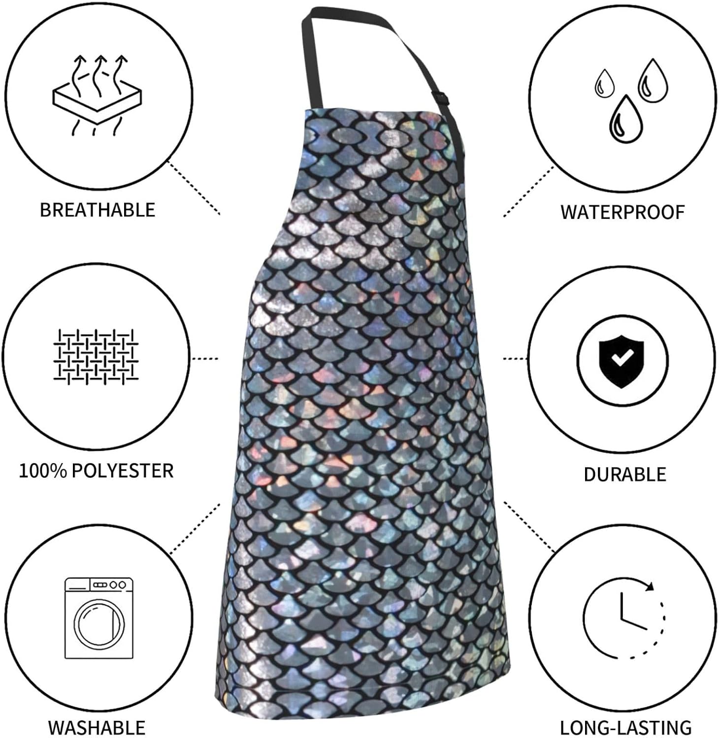 Silver fish scale print Waterproof apron with pocket adjustable cookin