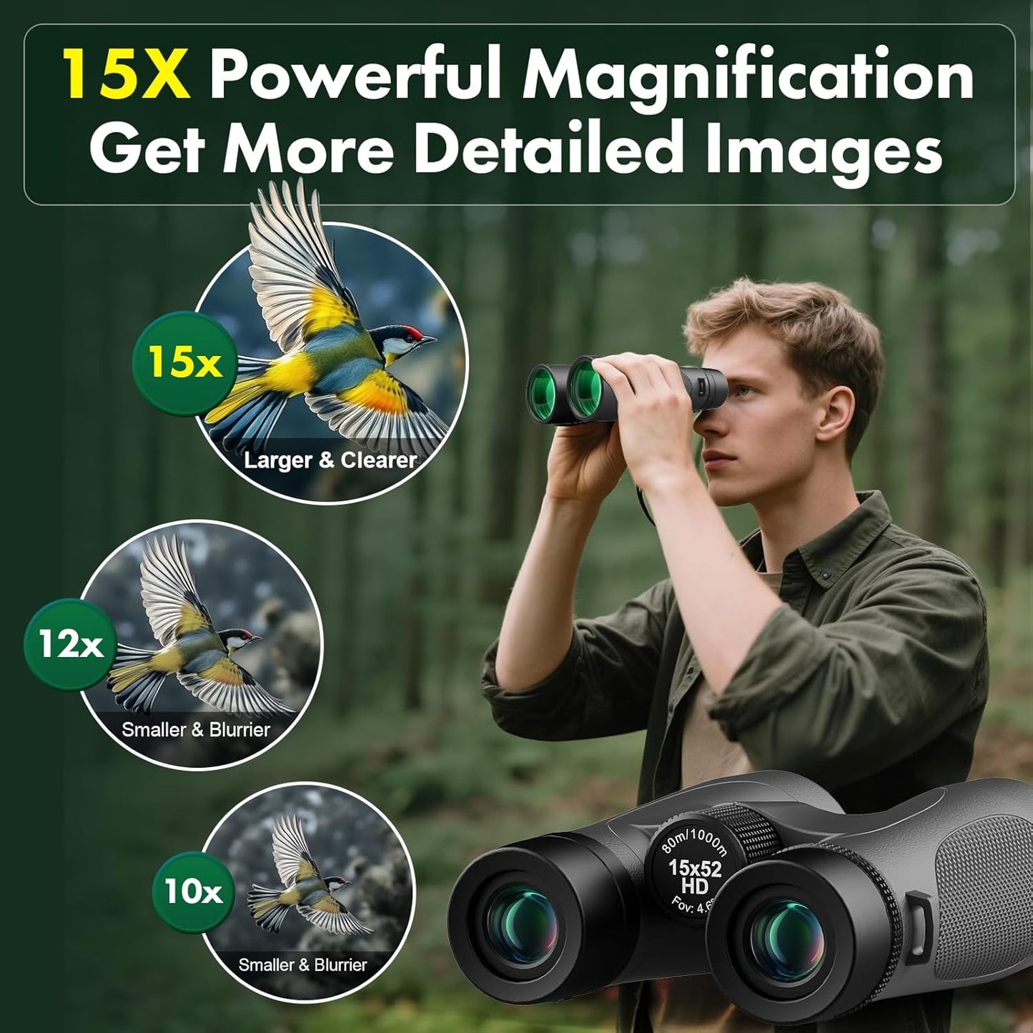 Aurosports 15x52 Waterproof Binoculars for Adults - Large View High Powered Binoculars with IPX7 Nitrogen-Filled - Low Light Vision Binocular for Bird Watching Hunting Cruise Hiking Sports Black