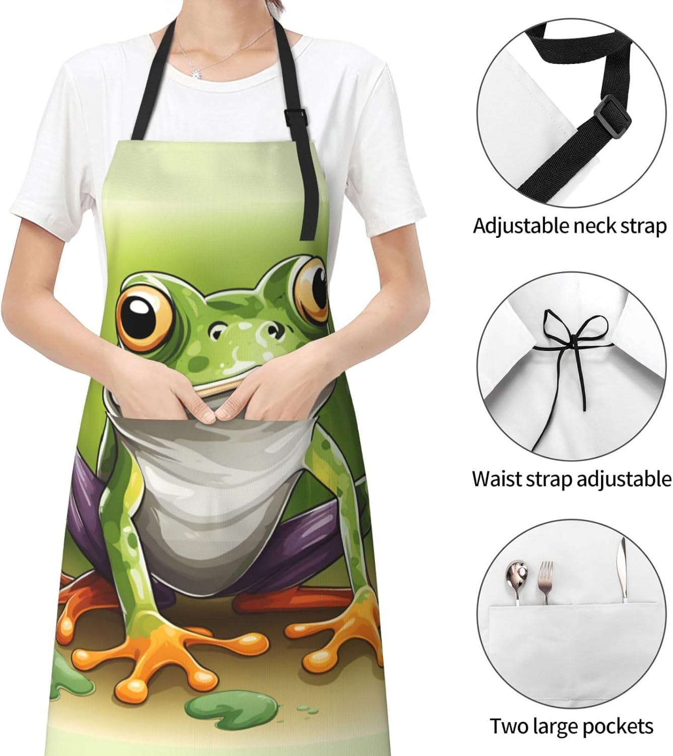 Cartoon frog print Waterproof chef's apron with pocket apron for kitchen cooking baking barbecue and gardening