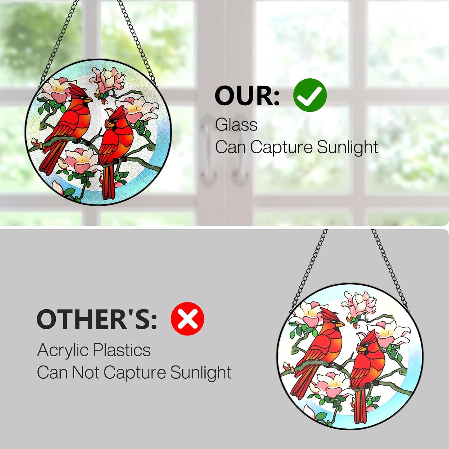 Stained Glass Window Hanging, Cardinals Suncatcher with Hook, Window, 