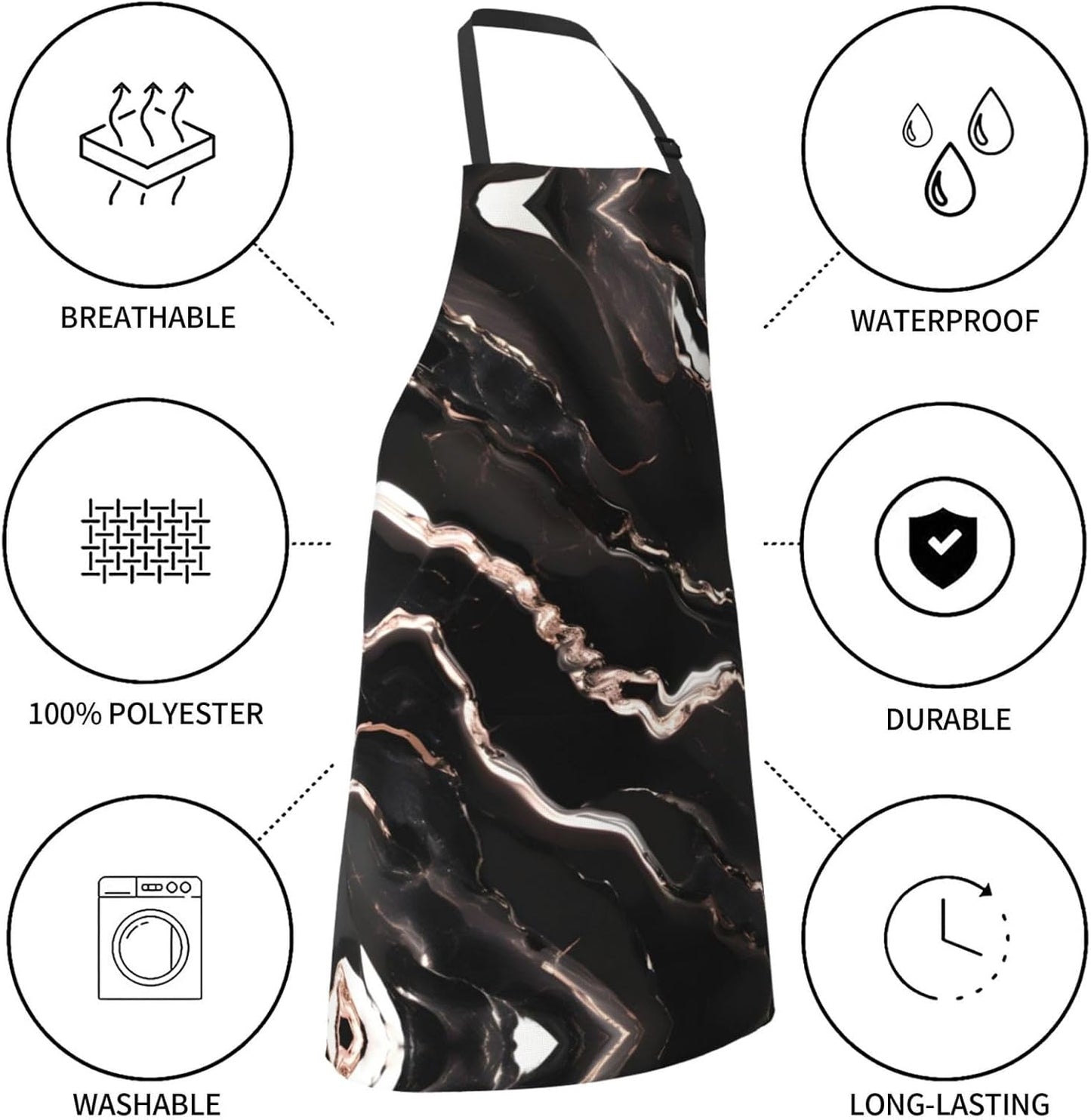 Black rose gold Marble print Waterproof apron with pocket adjustable c