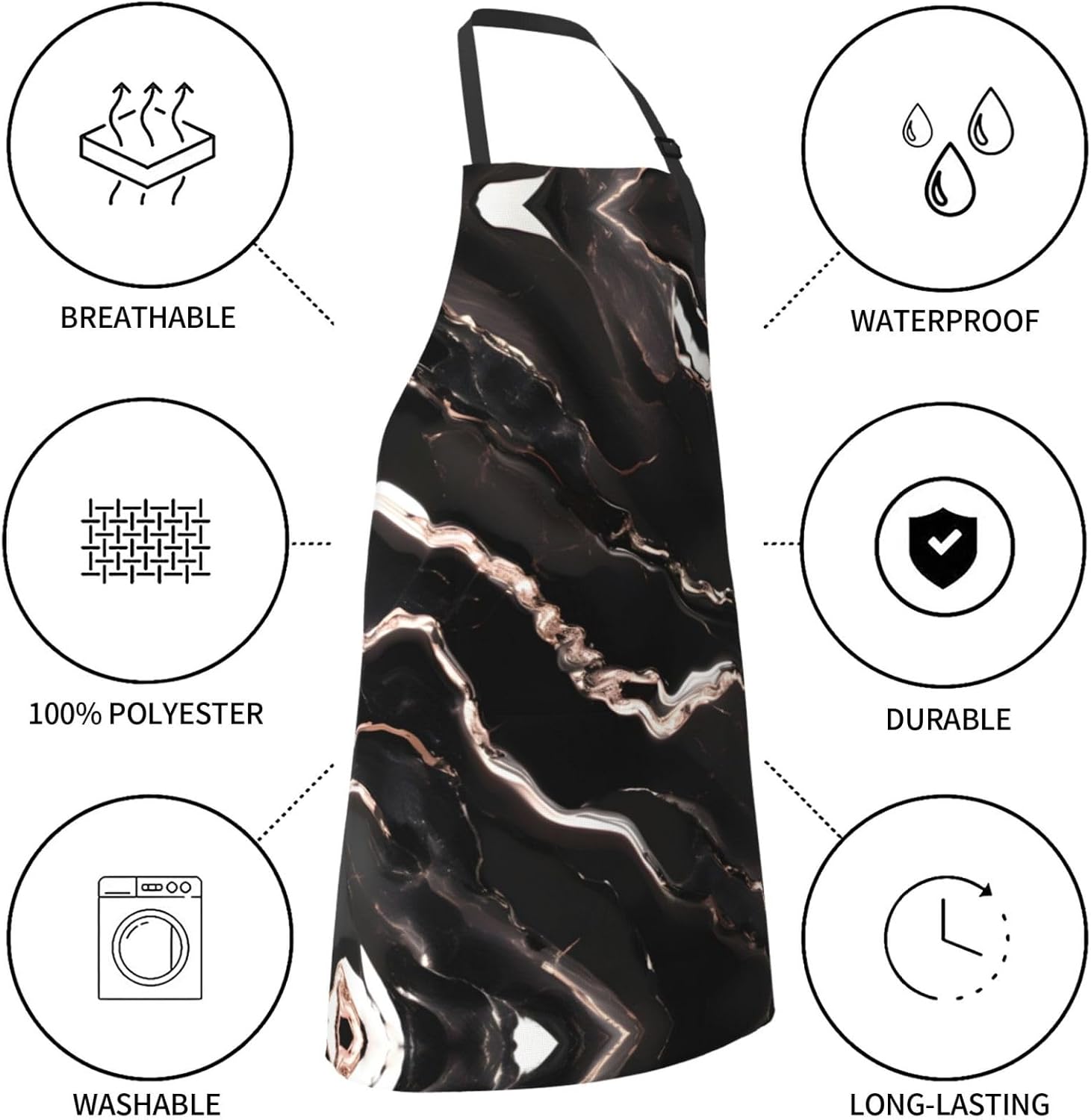 Black rose gold Marble print Waterproof apron with pocket adjustable c