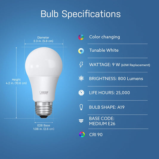 Feit Electric OM60/RGBW/CA/AG/3 60 Watt Equivalent WiFi Color Changing and Tunable White, Dimmable, No Hub Required, Alexa or Google Assistant A19 LED Smart Light Bulb, 3-Pack, Rgbw Multicolor, 60W