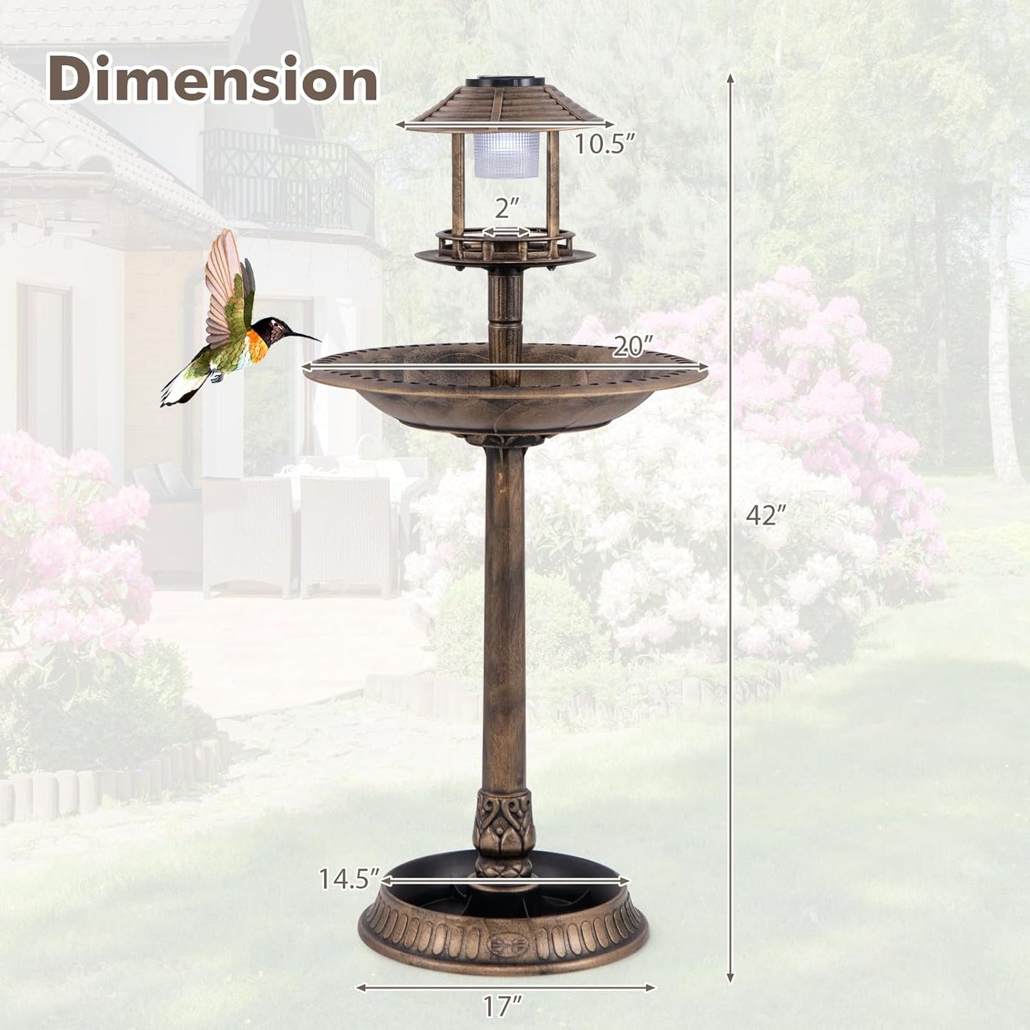 BECOMFORT Solar Bird Bath, Vintage Pedestal Birdbath with Solar Powered Lamp, Bird Feeder, Flower Planter Base & 3 Ground Stakes, Plastic Bird Bath for Outside, Garden, Yard & Outdoor (Bronze)