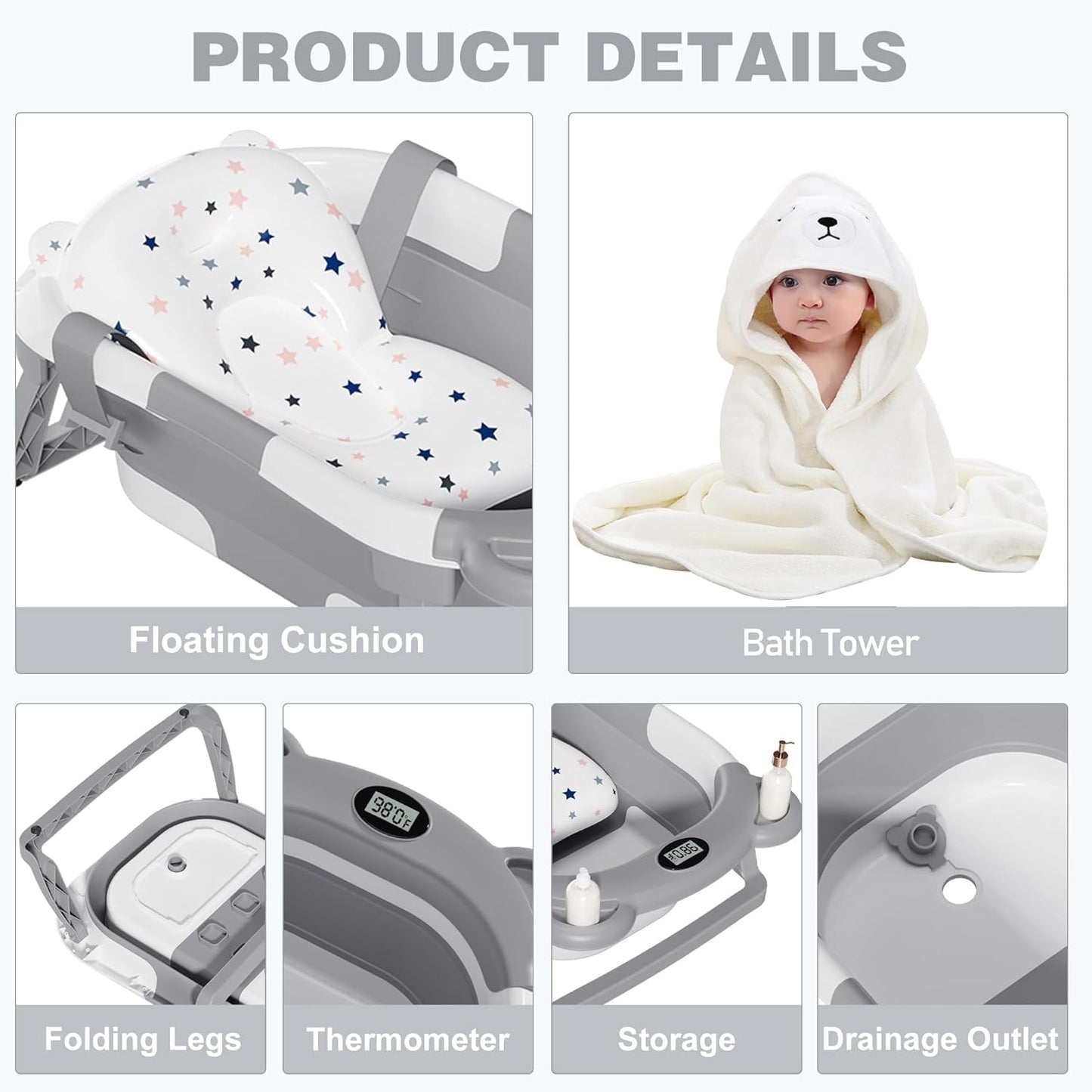 MoreFeel Collapsible Baby Bathtub for Newborn with Thermometer & 1 Hoo