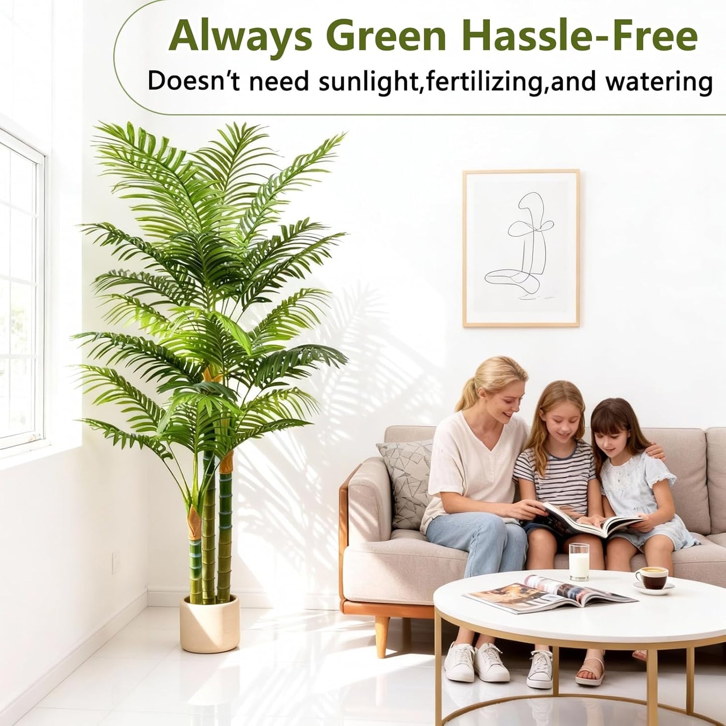 5FT Tall Golden Cane Artificial Palm Tree, Large Faux Palm Tree with 3 Textured Trunks, Outdoor Artificial Plants, Fake Tree for Indoor Office Living Room Outside Patio.