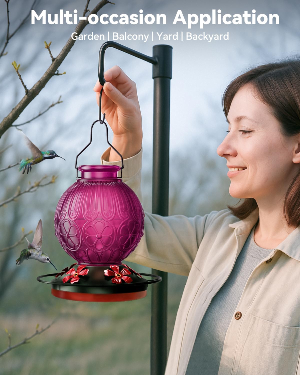 26Oz Hummingbird Feeder for Outdoors, Vintage Glass Bird Feeder with P