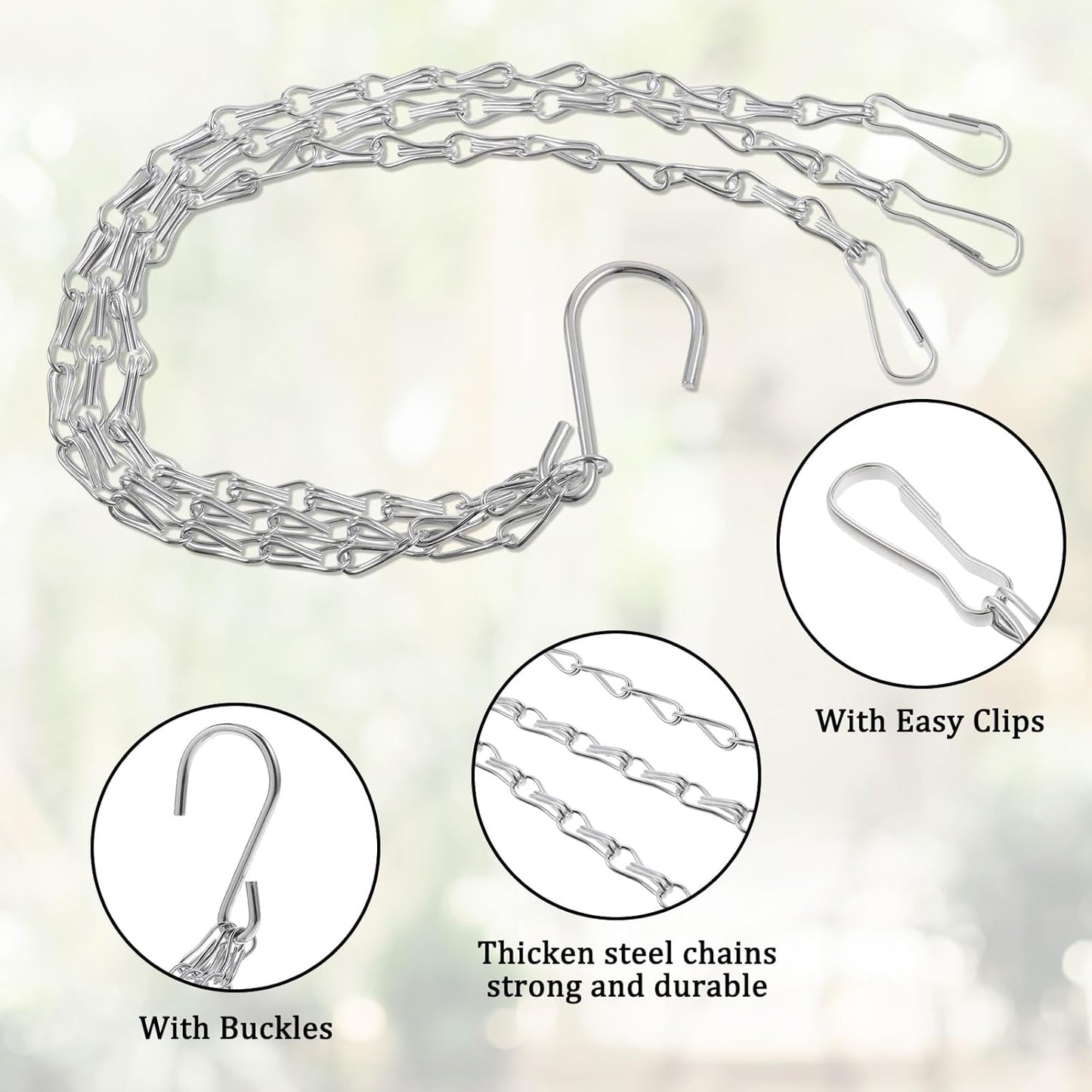 3Pcs 16 Inch Hanging Basket Chain with Hooks, Sliver Metal Flower Plan