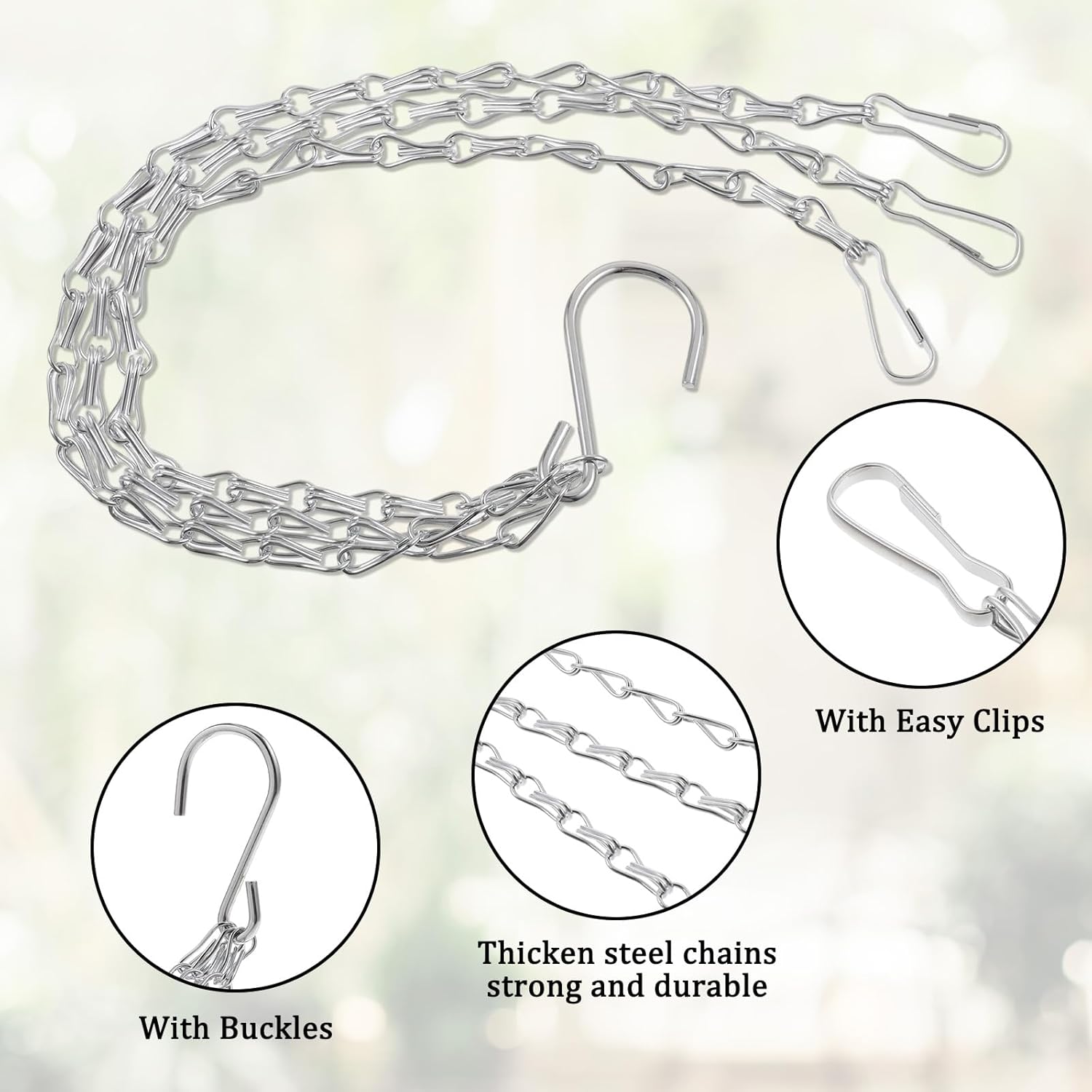 3Pcs 16 Inch Hanging Basket Chain with Hooks, Sliver Metal Flower Plan