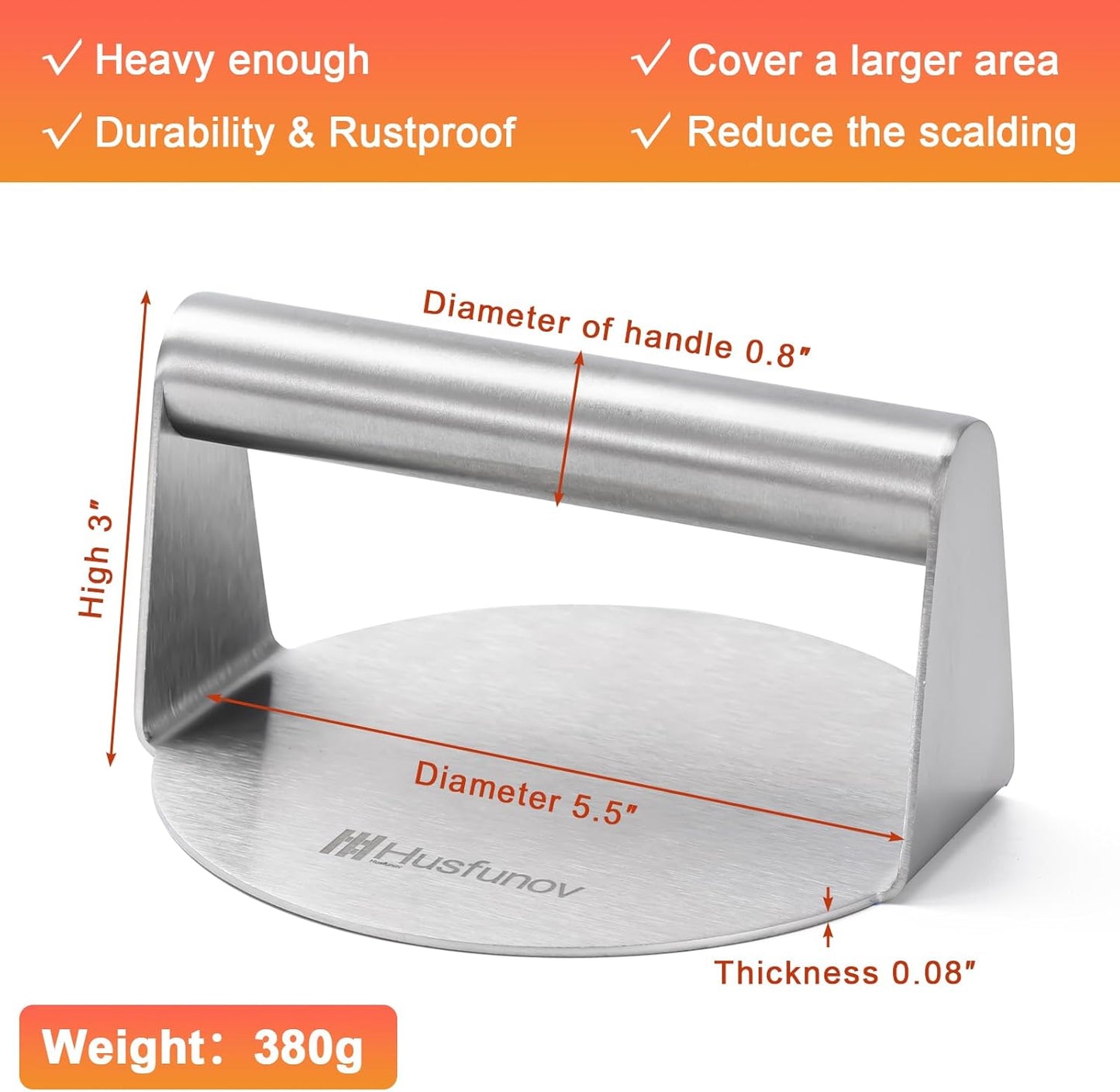 Stainless Steel Burger Press, 5.5 Inch Round Smasher,Non-Stick Smooth Hamburger Press,Flat Bottom Without Ridges, for Cooking Burgers, Bacon, Ground Beef, Meats, Sausage and So On