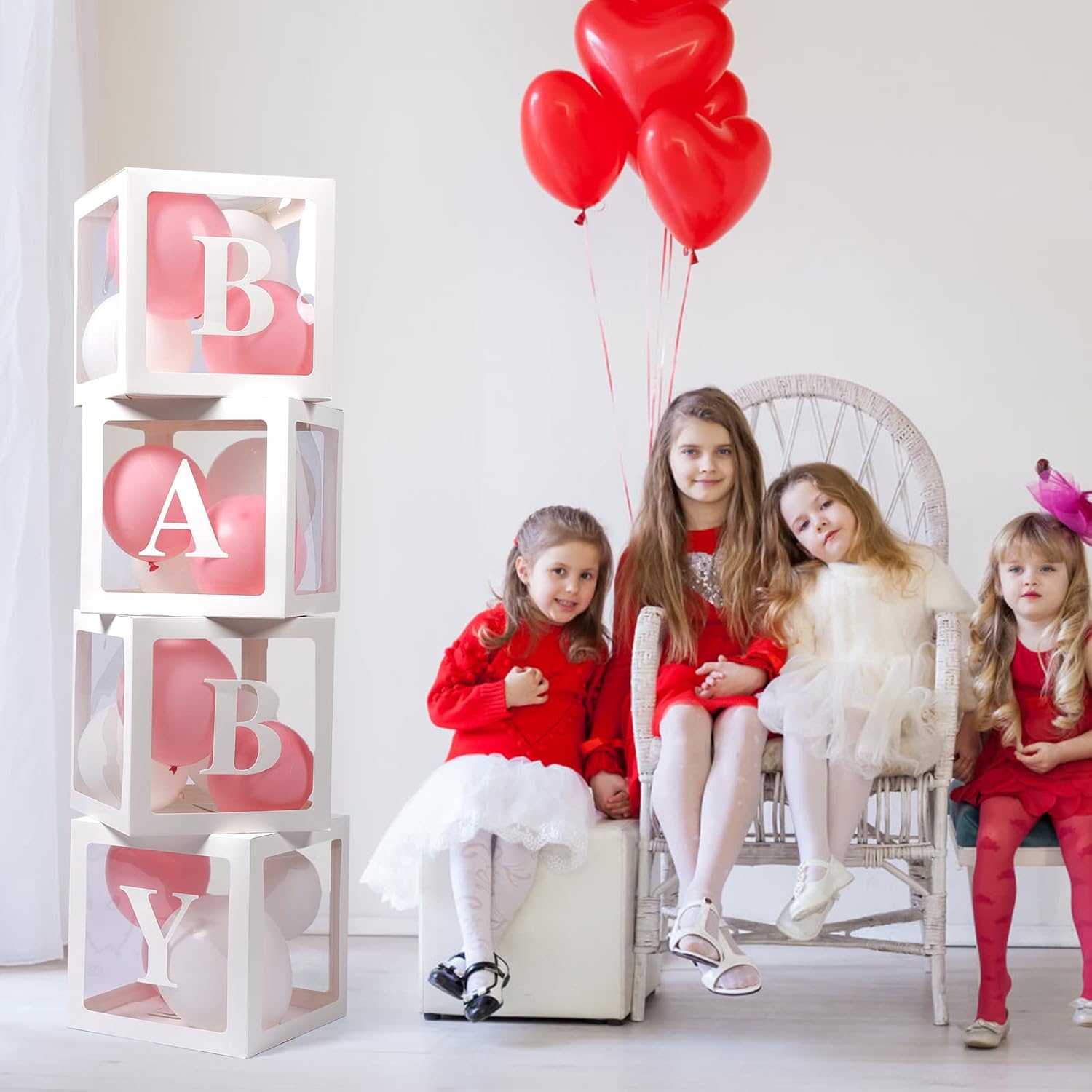 Baby Boxes with Letters, 4 Transparent Balloon for Gender Reveal Birth