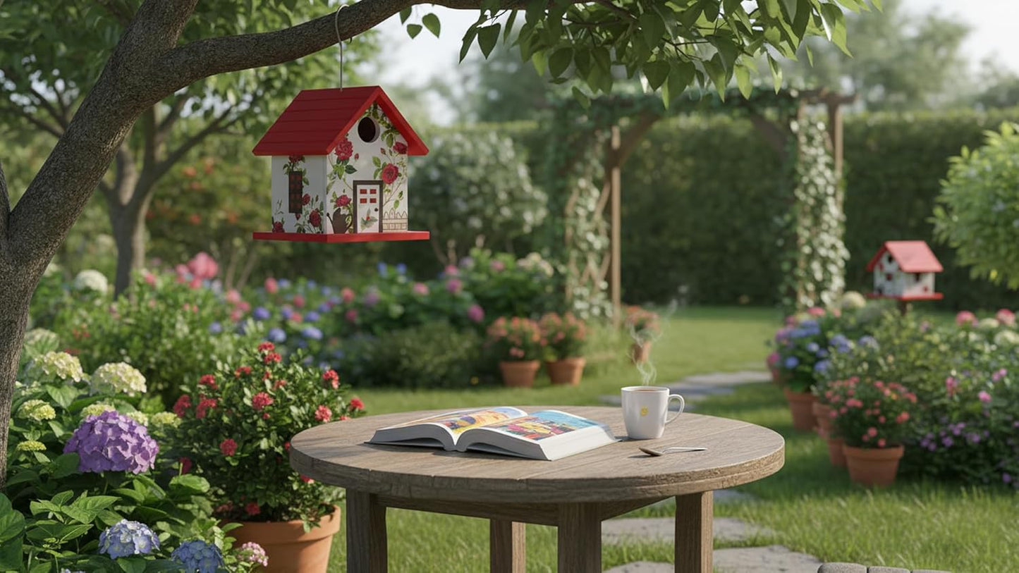 Spring Melody Bird House, Composite Material Nesting Box, Hanging Birdhouse for Blue Bird, Squirrel Proof Birdhouse for Outside, 10 Years Water Proof Weatherable Pole Mountable Bird House (Red)