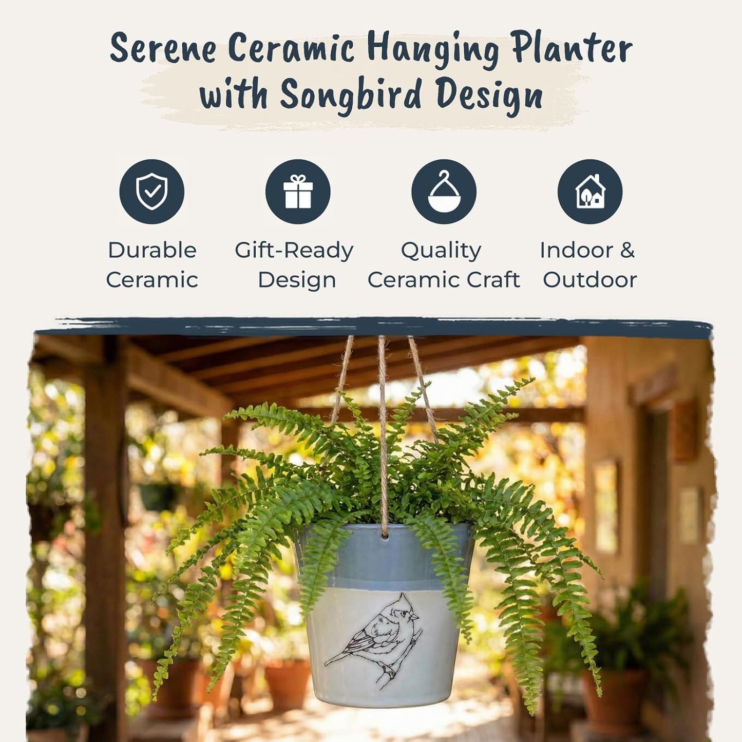 Blue Sky Clayworks 6.5” Hanging Song Blue Planter, Ceramic, 7" x 6" x 6", Sky Band & Perched Bird