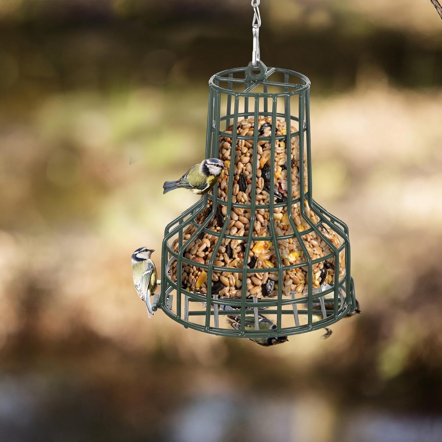 2 Pcs Bird Seed Bell Wild Bird Feeder S-8 Seed Cake Bell Feeders Outdoor Garden Cages Hanger with Stainless Steel Chain for Outside