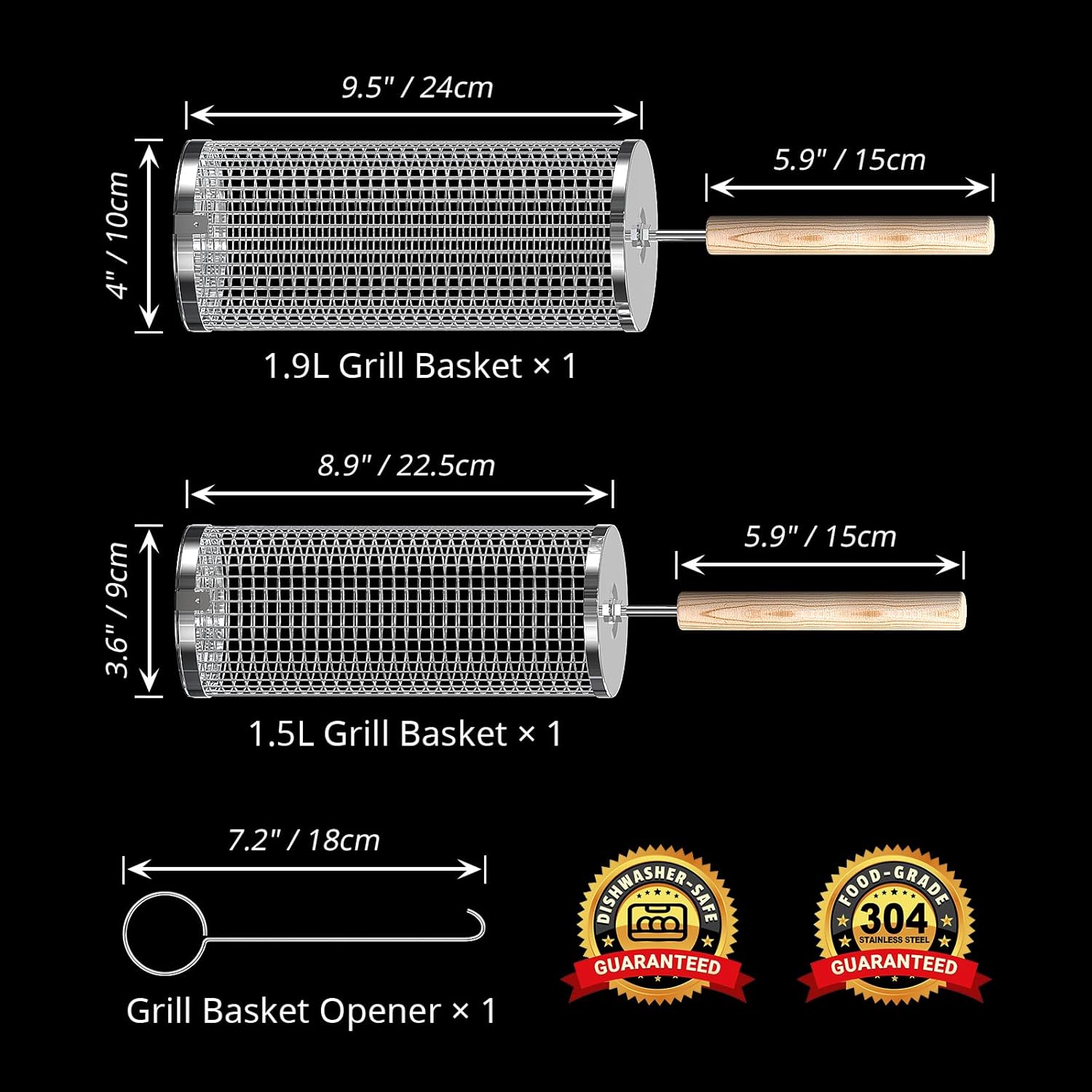 Rolling Grill Basket, Removable Wooden Handle, 304 Stainless Steel, Ne