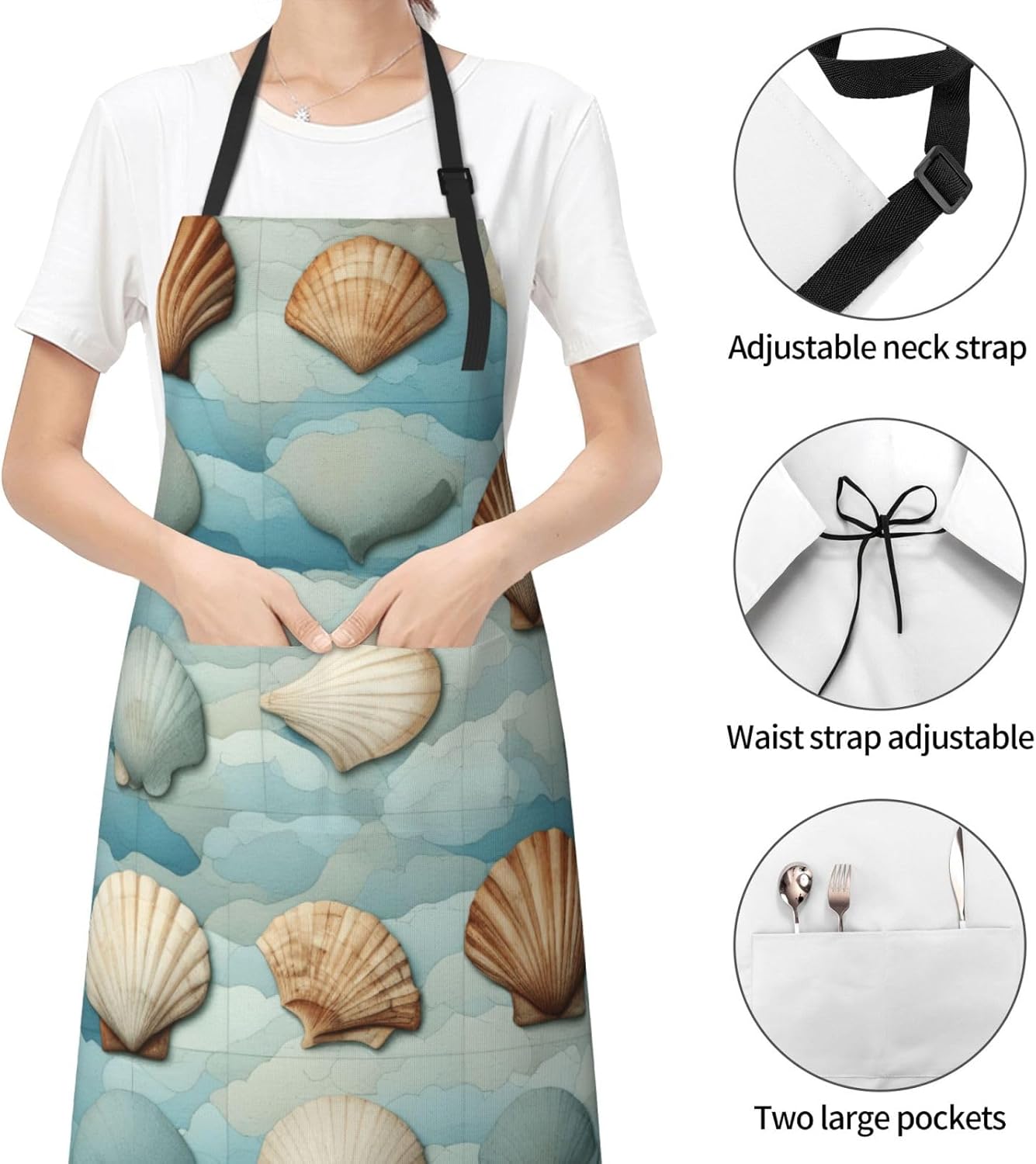 YANYU Sea Shell Print 28x33 In Kitchen Apron Stylish Chef Apron with Pockets for Cooking Baking Painting