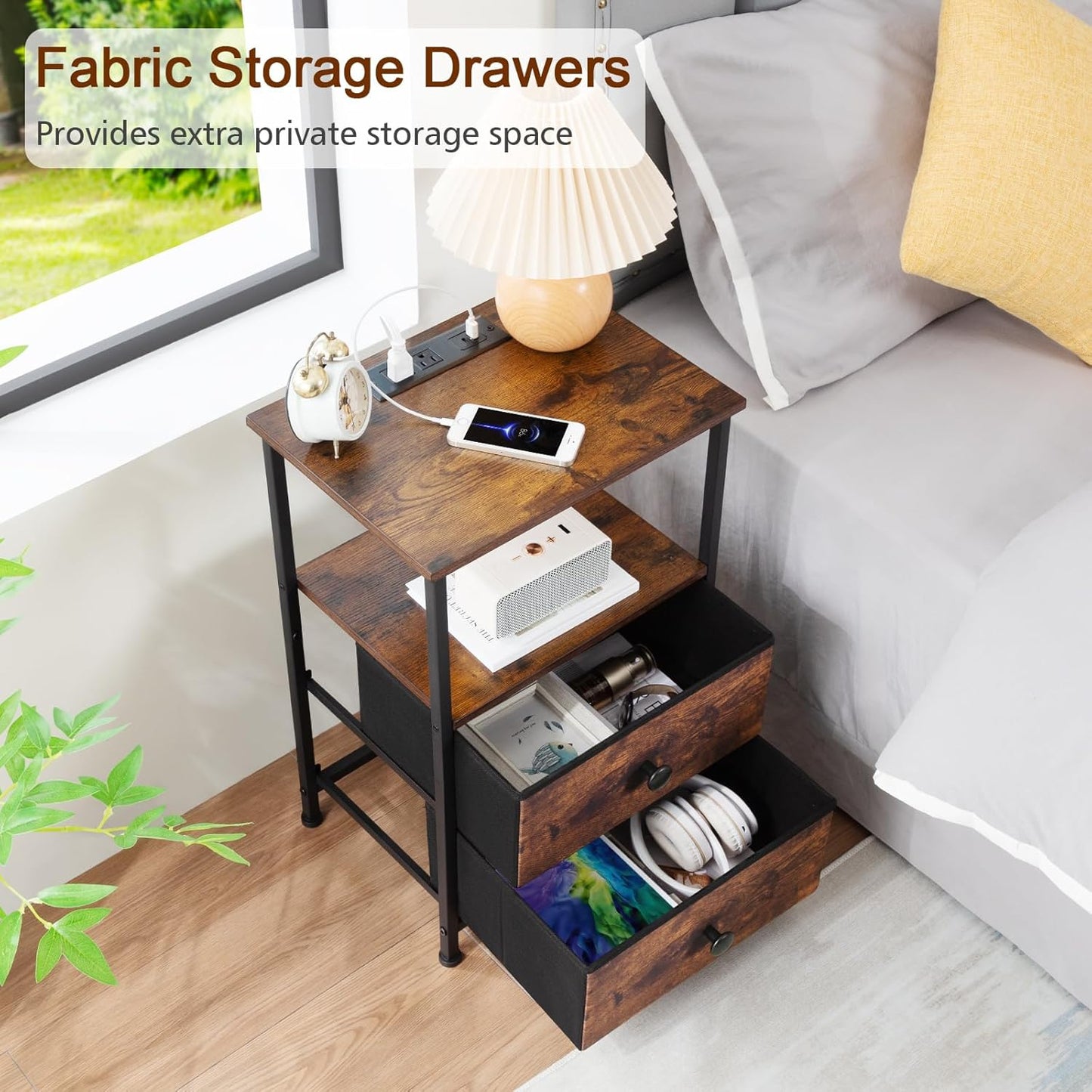Night Stand Set 2, Nightstand with Charging Station, End Tables with Storage Shelf for Small Spaces, Bedside Table Side Tables with 2 Fabric Drawers for Bedroom, Rustic Brown, HETS020PBR