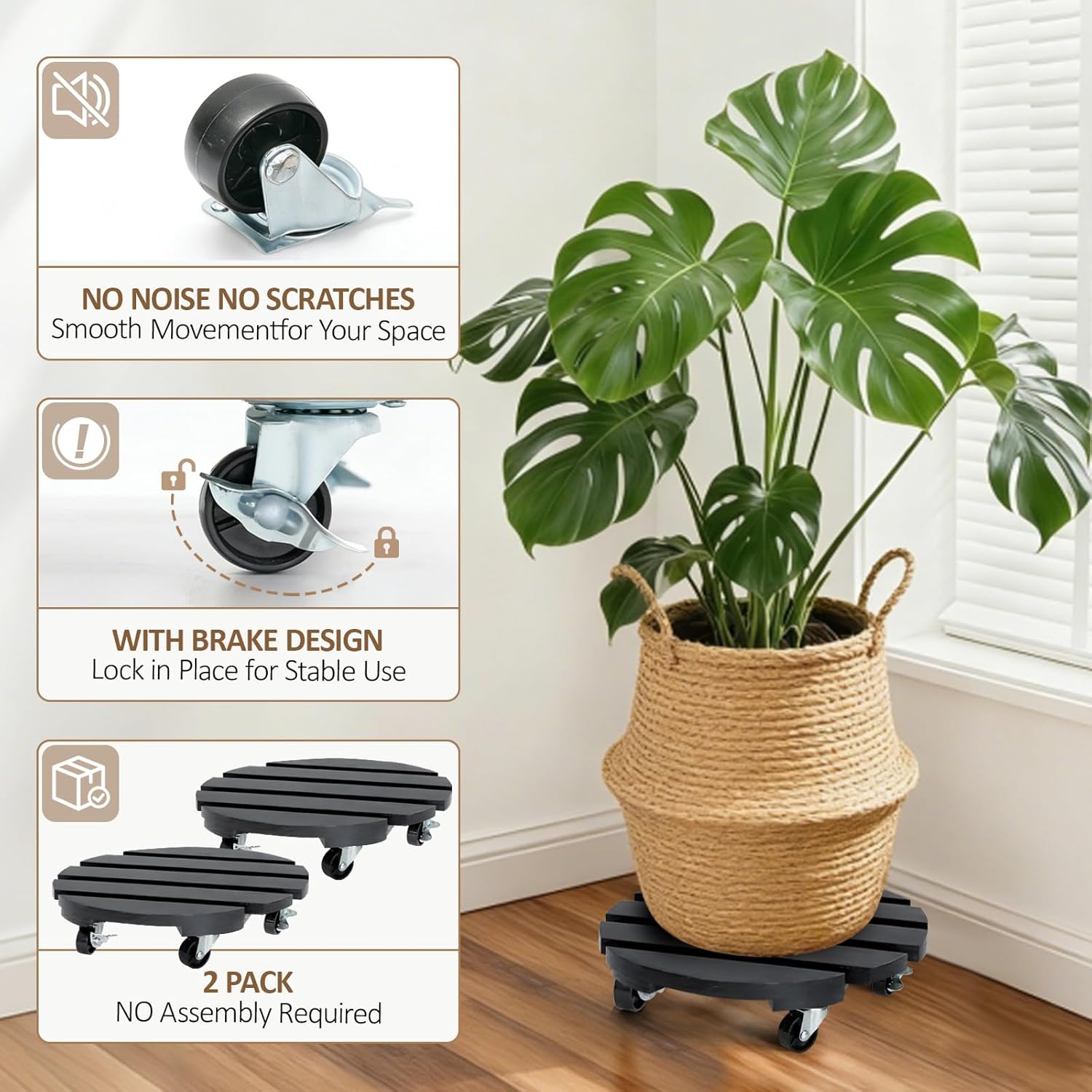 2 Pack Plant Stand with Wheels, Plant Caddies with 360° Lockable Smoot