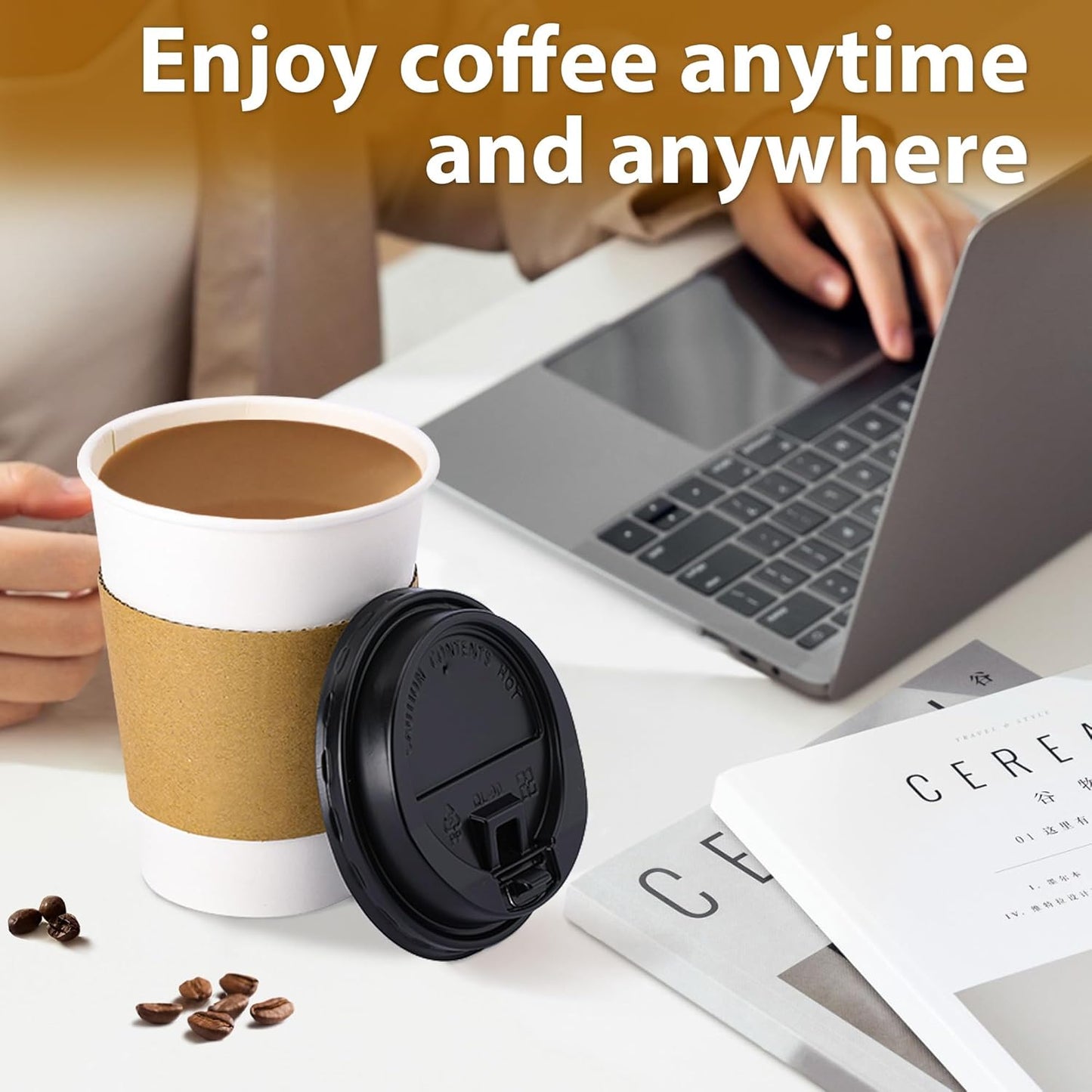 100 Pack 12 oz Disposable Coffee Cups with Lids and Insulated Sleeves, Leak-free Paper and Sturdy Thick Paper Hot to Go Coffee Cups with Lids for Cold/Hot Beverage (White)