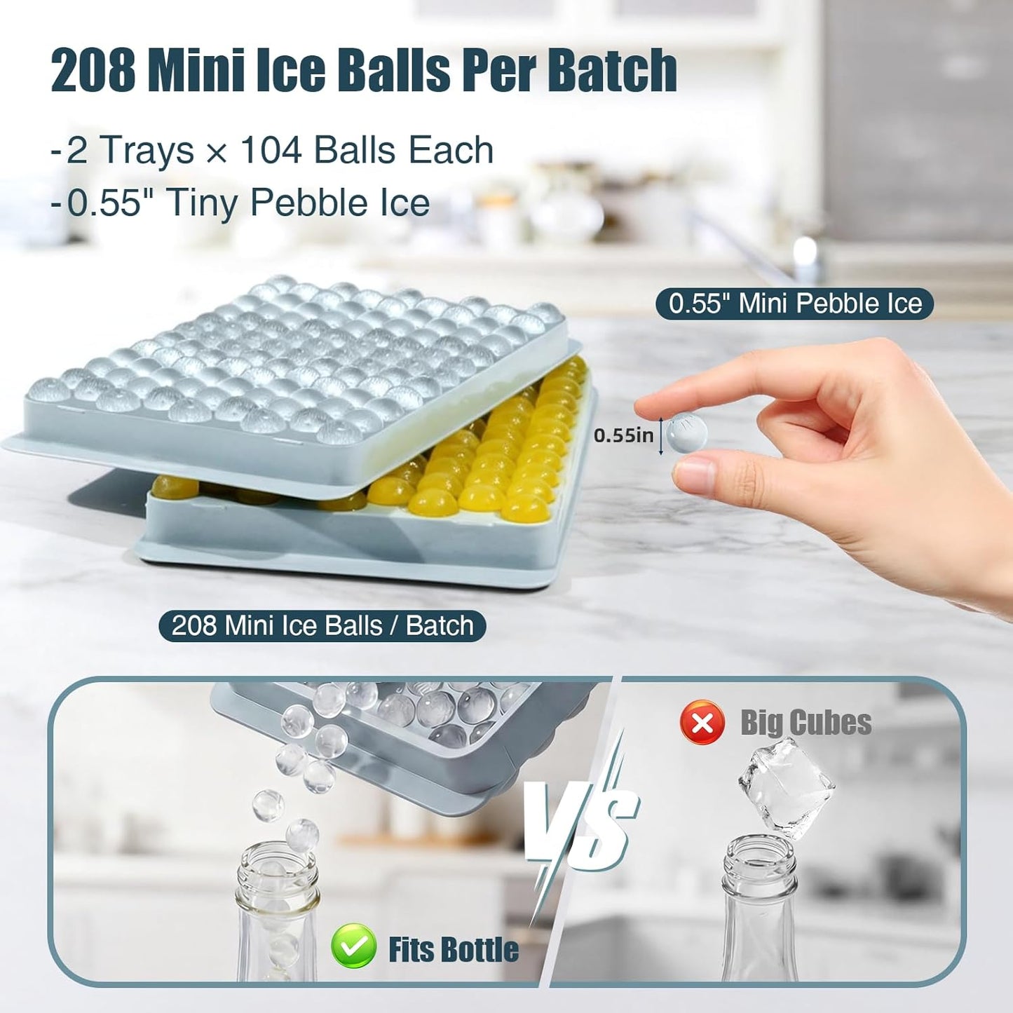 WIBIMEN Mini Ice Cube Trays, 0.55” Tiny Pebble Ice for Iced Coffee & Cocktails, Fast Chill, Easy Twist Release, Stackable with Lid & Storage Bin (2 Pack, Blue)