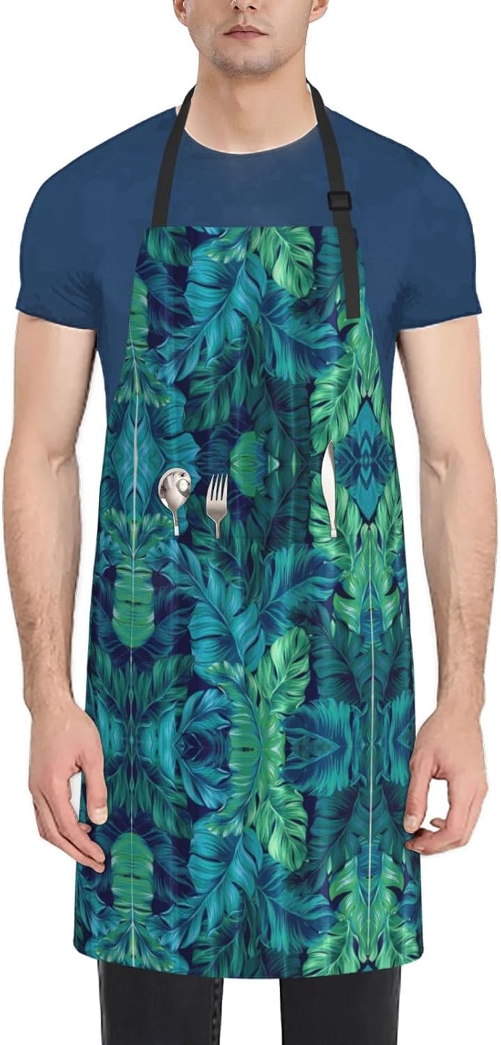Tropical Palm Leaves Print 28x33 In Adult Kitchen Apron with Pockets Versatile Chef Smock for Cooking Baking