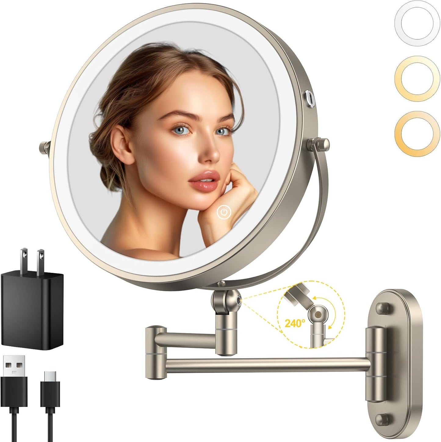9" Wall Mounted Lighted Makeup Mirror,4000mAh Rechargeable Double Side