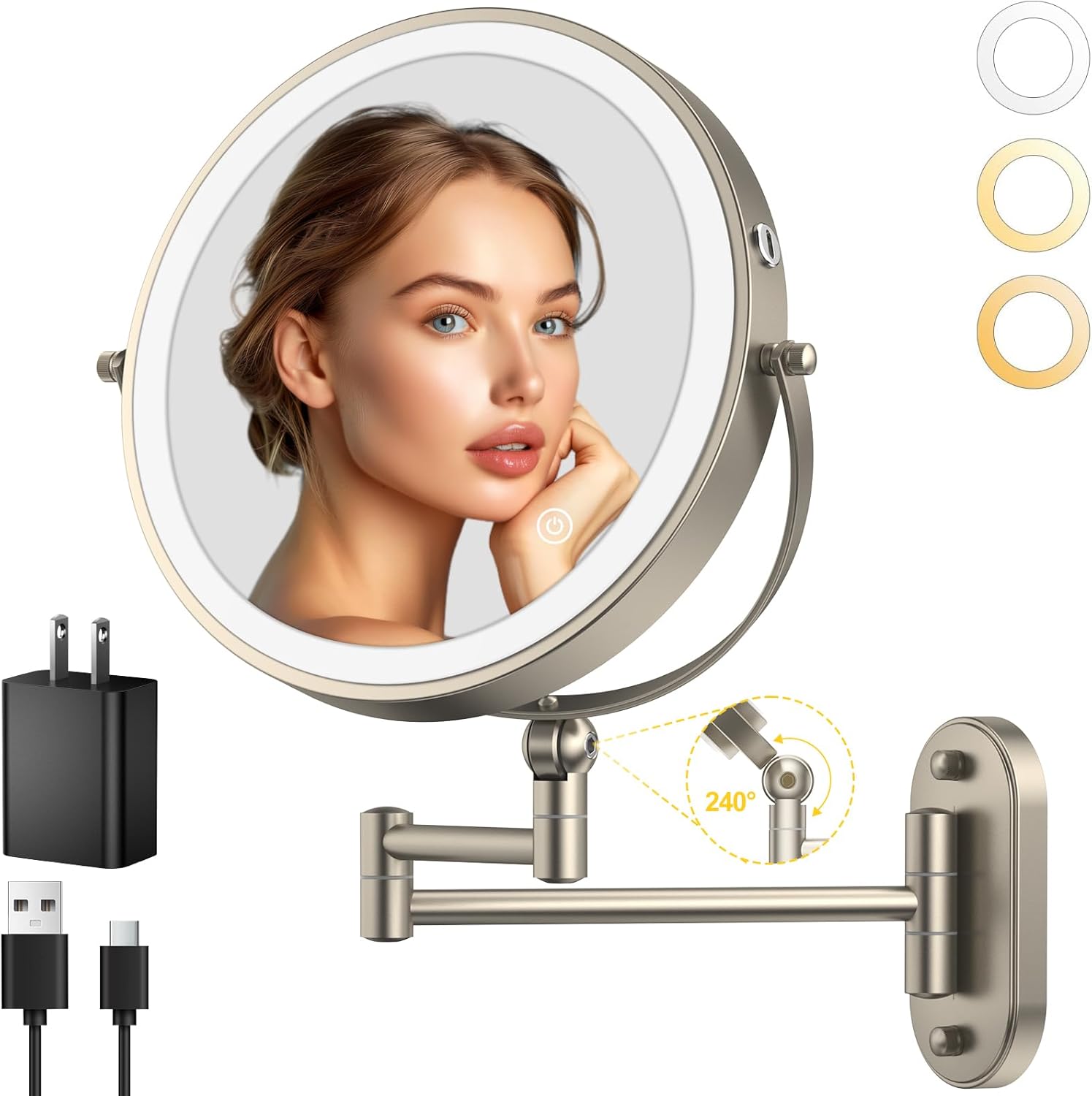 9" Wall Mounted Lighted Makeup Mirror,4000mAh Rechargeable Double Side