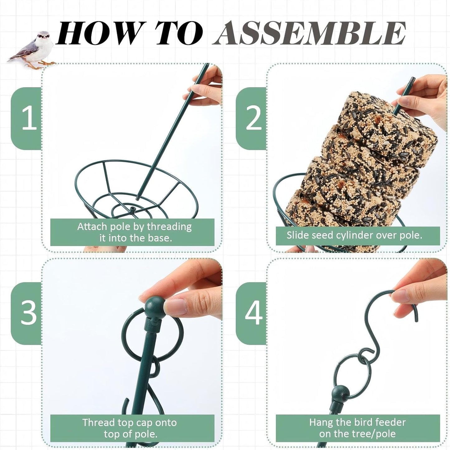 2 Pcs Dark Green Cylinder Bird Feeder for Outdoors Hanging Bird Feeders Holder Includes O-Ring & Locking S Hook Backyard Wild Birds Feeding Birds Container for Outdoors Garden
