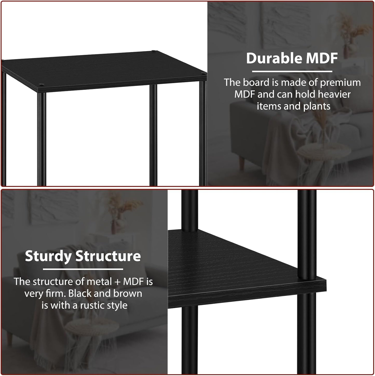 Narrow End Table Tall Black Side Table 4 Tier Wooden Metal Modern Plant Flower Display Stand Rack with Storage for Living Room Bedroom Bathroom