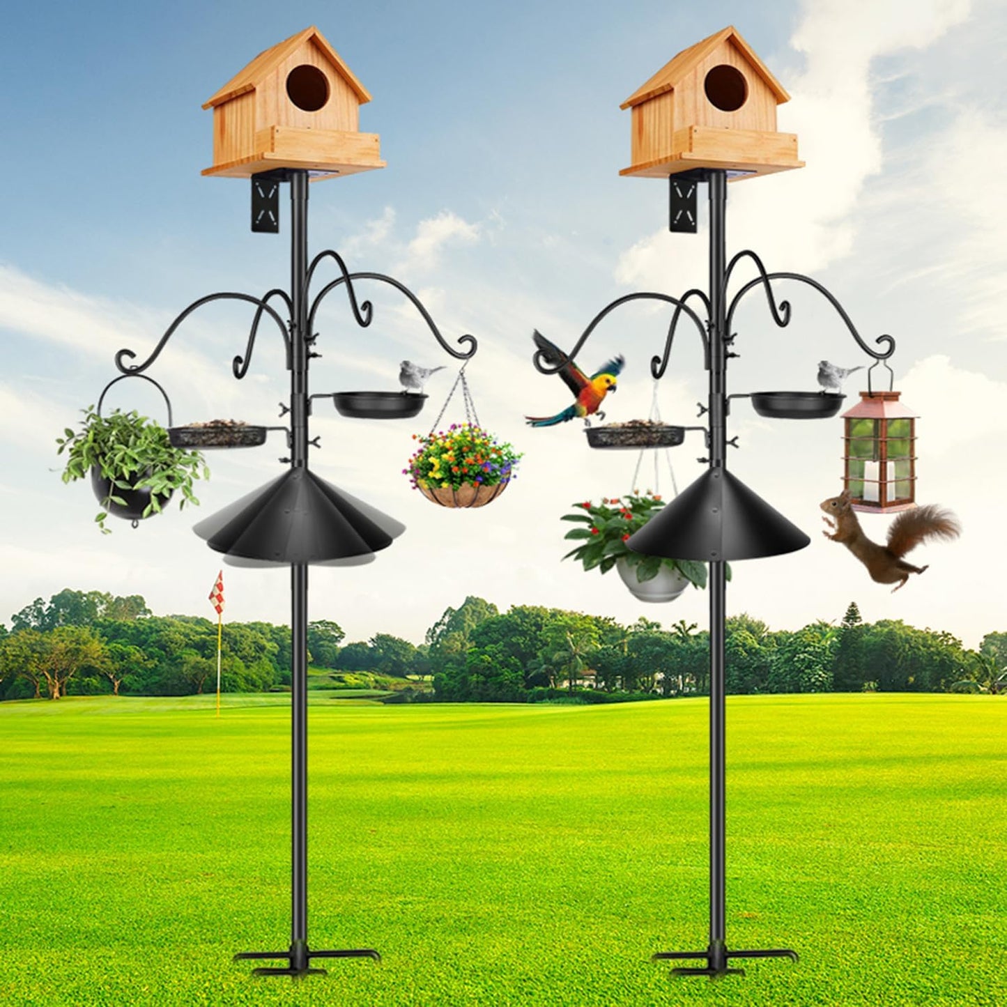 92 Inch Metal Bird Feeder Pole with Squirrel-Proof Baffle, 4 Hooks & 2 Feeding Trays - Heavy Duty 5-Prong Base Outdoor Birdhouse Stand, Garden Bird Feeding Station (Black, 92inch)