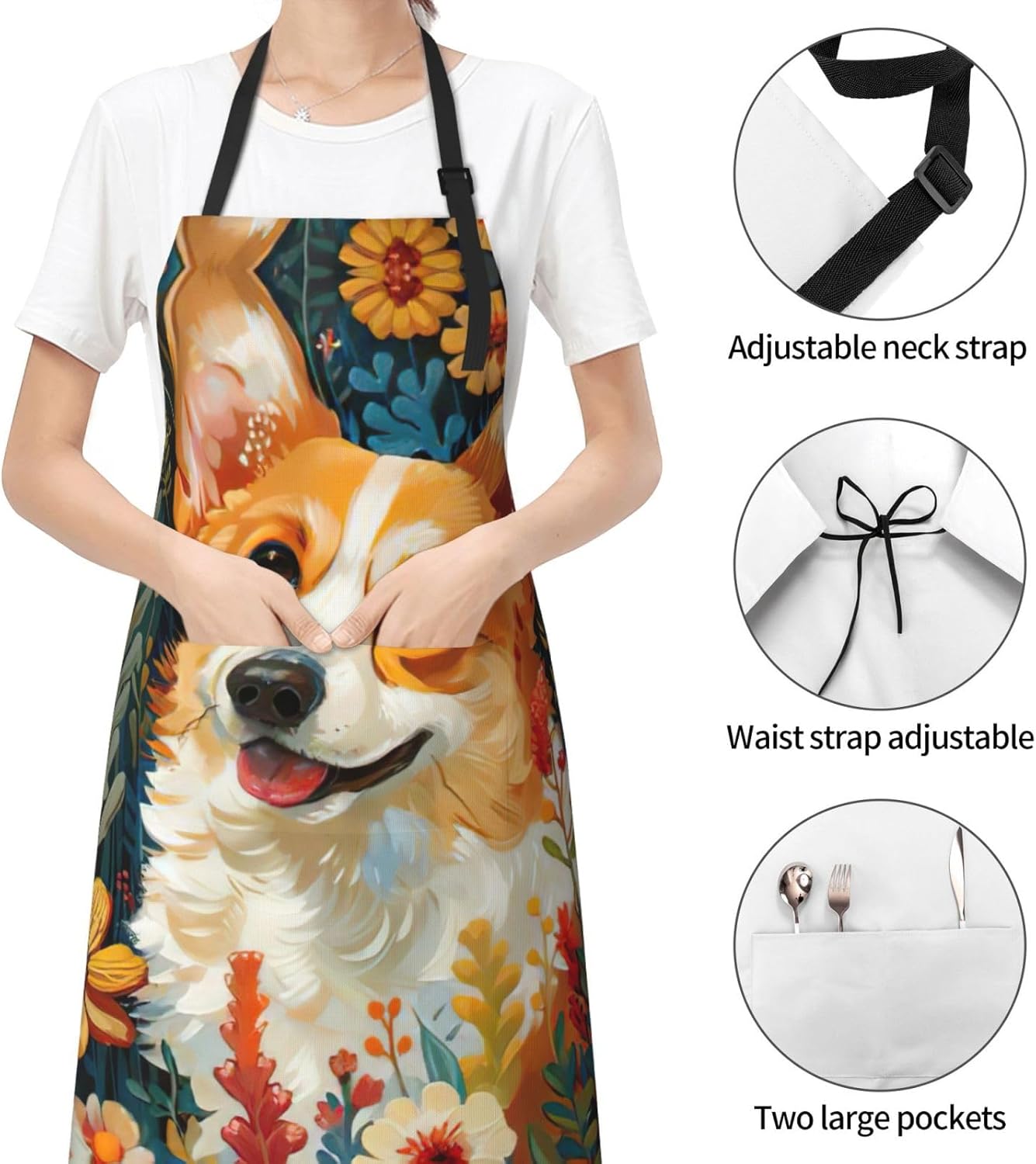 Corgi Floral Flowers Spring Garden Print Laundry apron 28x33 In Waterproof Kitchen Apron with Pockets for Cooking Baking