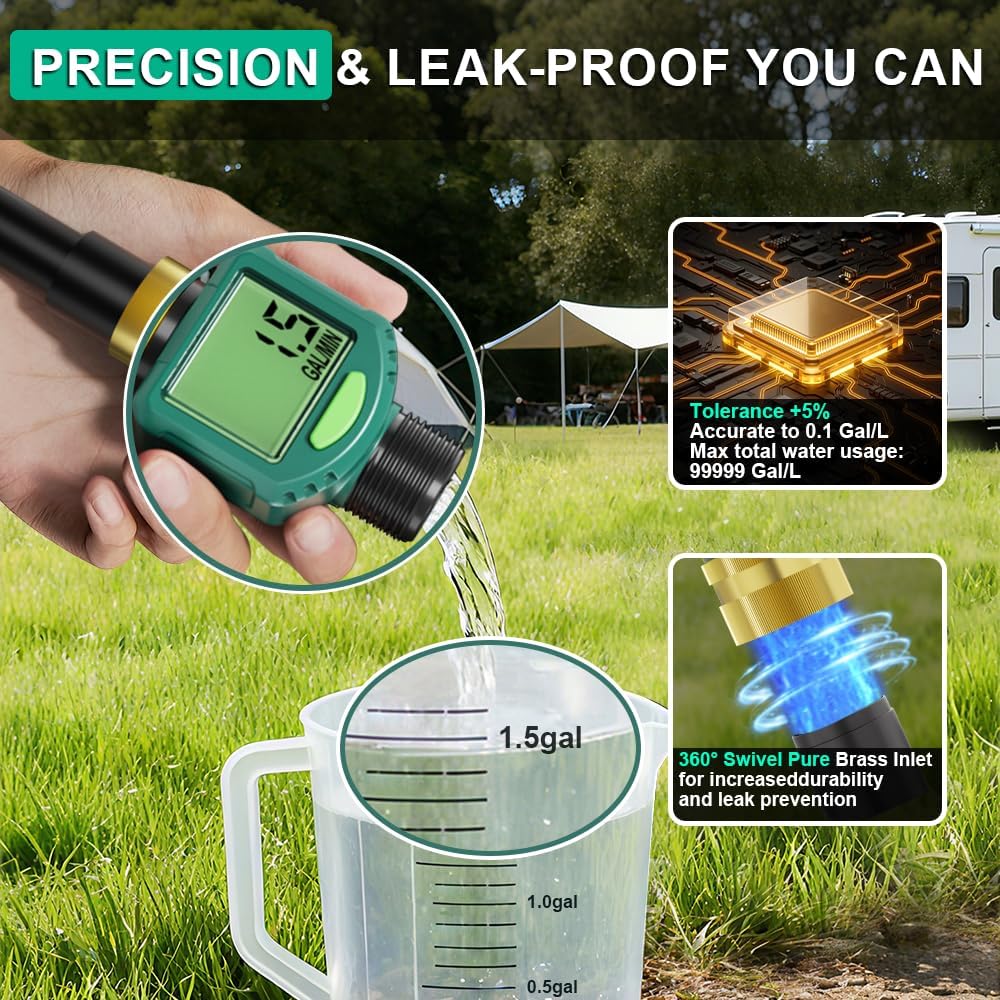 Digital Water Flow Meter - Waterproof Water Meter LCD Display Brass Co