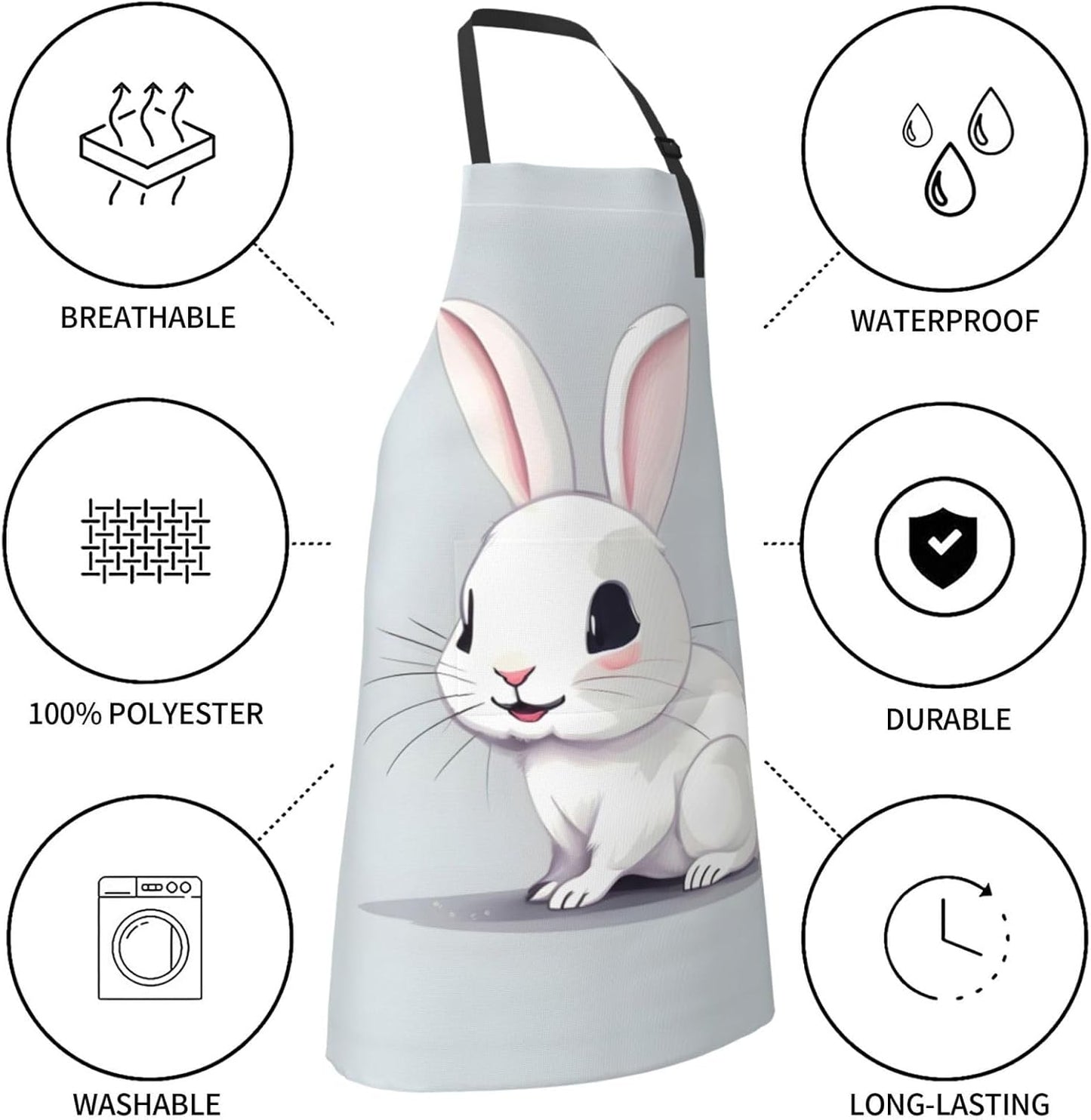 Cute White Rabbit Print Laundry apron 28x33 In Waterproof Kitchen Apron with Pockets for Cooking Baking