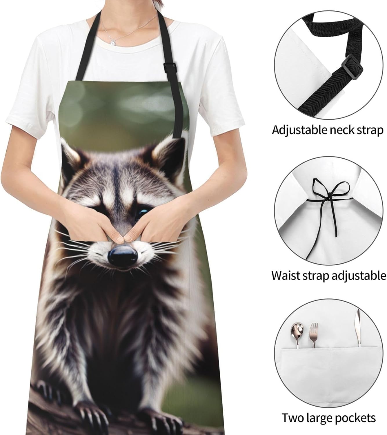 cute raccoon print Waterproof chef's apron with pocket apron for kitchen cooking baking barbecue and gardening