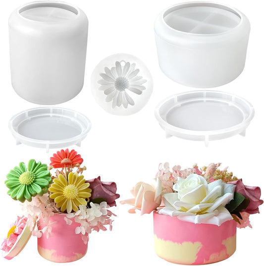 Large Jar Silicone Molds for Epoxy Resin - 2 Pcs Candle Jar Resin Molds with 1 Daisy Candle Mold, Cute Planter Pot Concrete Molds for DIY Jewelry Storage Box, Pen Holder,Mother's Day Gift