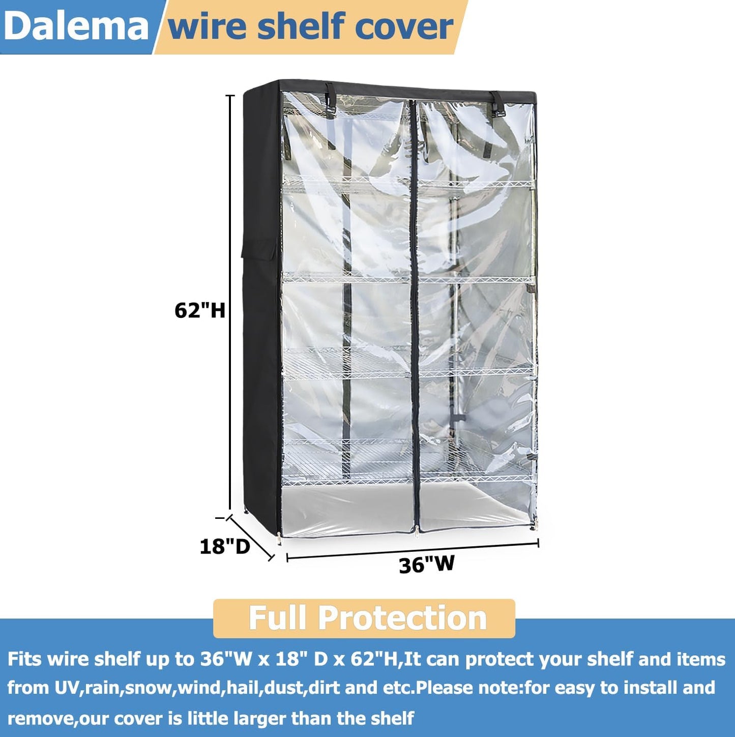 Waterproof Shelf Cover,Outdoor 600D Heavy Duty Dustproof Storage Shelves Cover,36''x18''x62'' Shelf Covers for Wire Shelving with Zippers,Storage Rack Covers with Clear Front