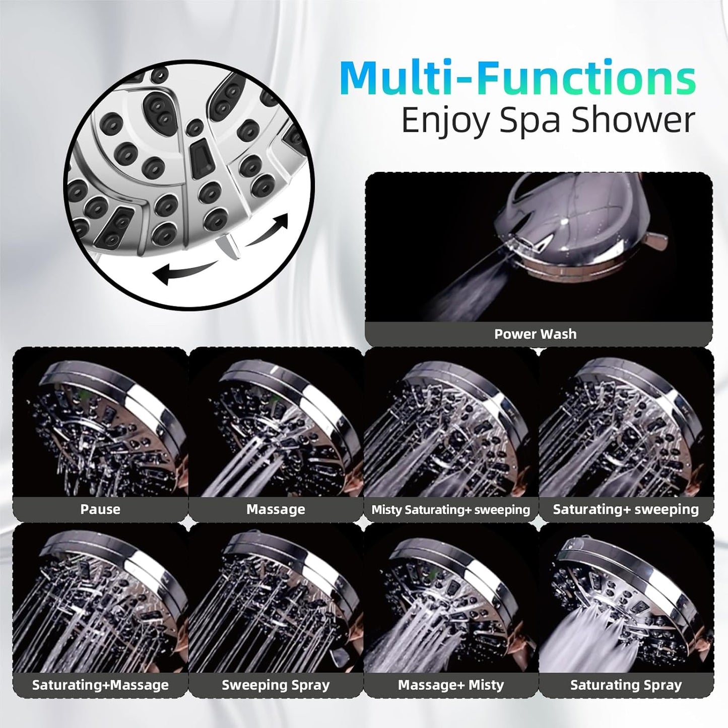 Shower Head,10 Functions High Pressure shower head with handheld, Built-in Pause Mode & Power Wash, Non-Clogging Nozzles High Flow Hand Held Shower Head, Leakproof 6ft Hose&Adjustable Bracket