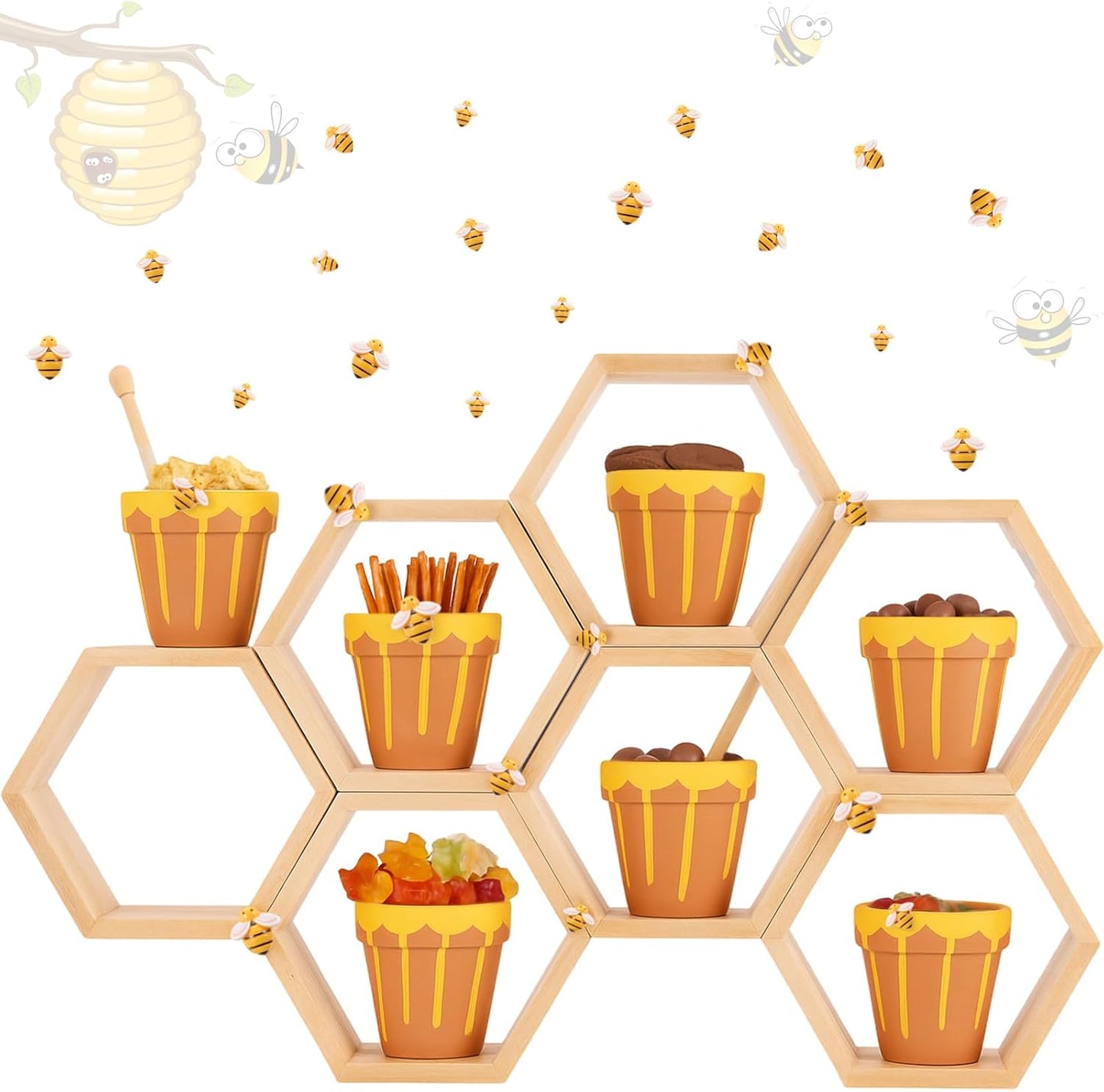 12 Set Ceramic Mini Honey Bee Pots with Honeycomb Stand Dippers Bee Charms Cupcake Planter Hexagon Display Holder Honey Party Favors for Baby Shower Guests Wedding Birthday Party Decor