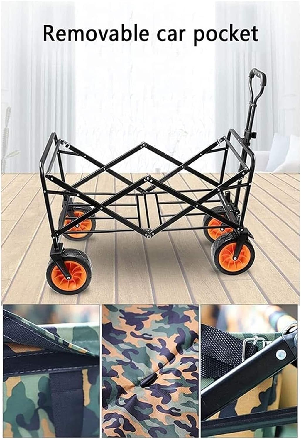 Outdoor Folding Utility Wagon with Removable Canopy, Foldable Beach Cart with Storage Basket, 80kg Load Capacity(Orange)