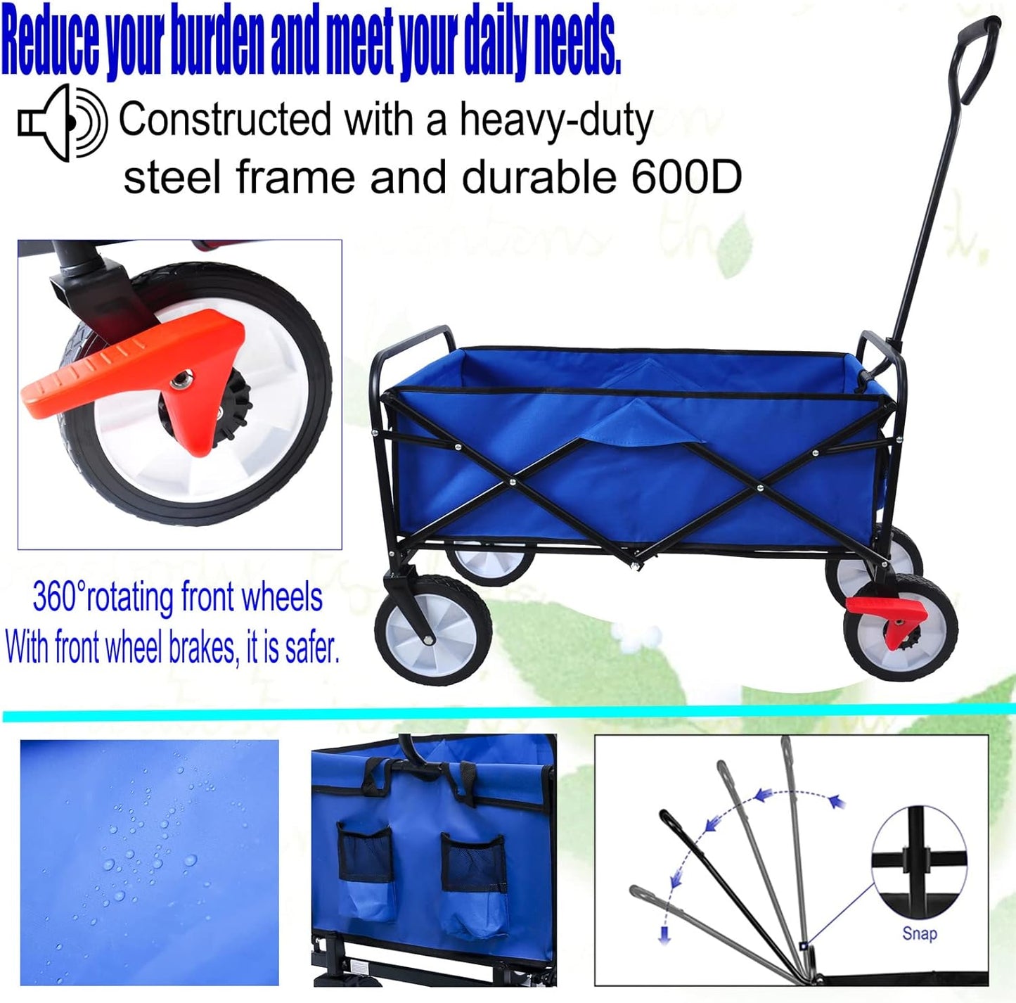 Folding Wagon Cart Collapsible Outdoor Utility Wagon with All Terrain 