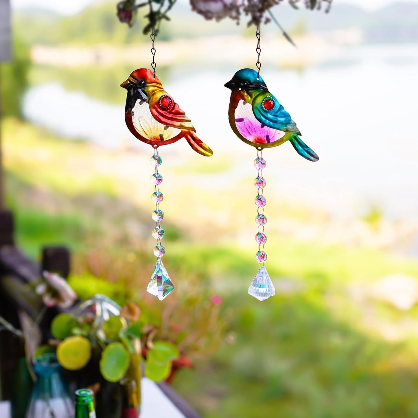 Set 2 Stained Glass Little Birds Suncatchers Rainbow Maker Crystal Prisms Hanging Suncatcher for Window Colorful Metal Birds Wall Art Fence Decorations Ornament for Christmas Tree