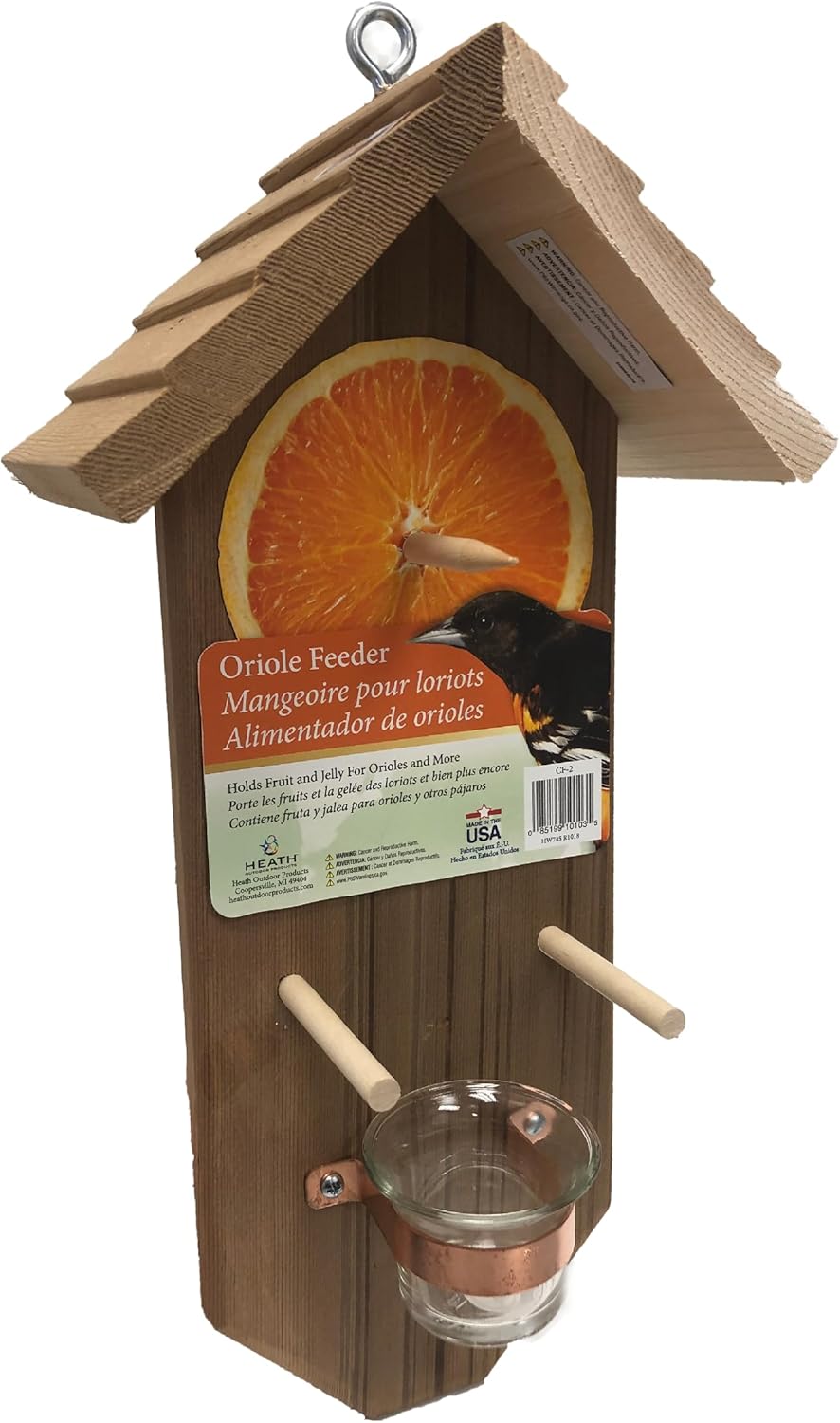 Heath Outdoor Products CF-2; Made in The USA, Double-Sided Oriole Feeder, Holds 2 Orange Halves and Jelly Jars, Cedar Construction, Ample Perch Room