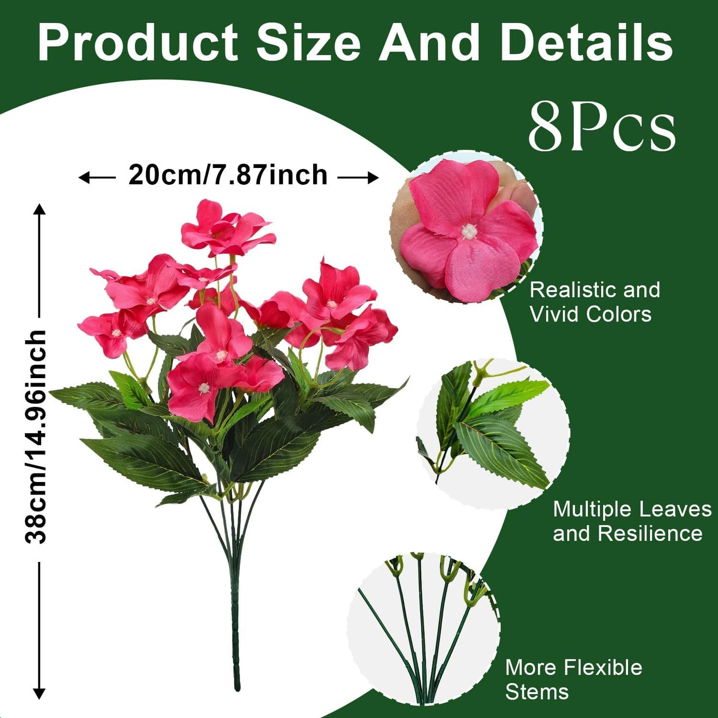 8 Bundles Artificial Impatiens for Outdoors UV Resistant Artificial Outdoor Flower Bouquet Fake Flowers Faux Plants Silk Flowers for Outside Front Porch Garden Window Box Planter Decor(Rose Red)