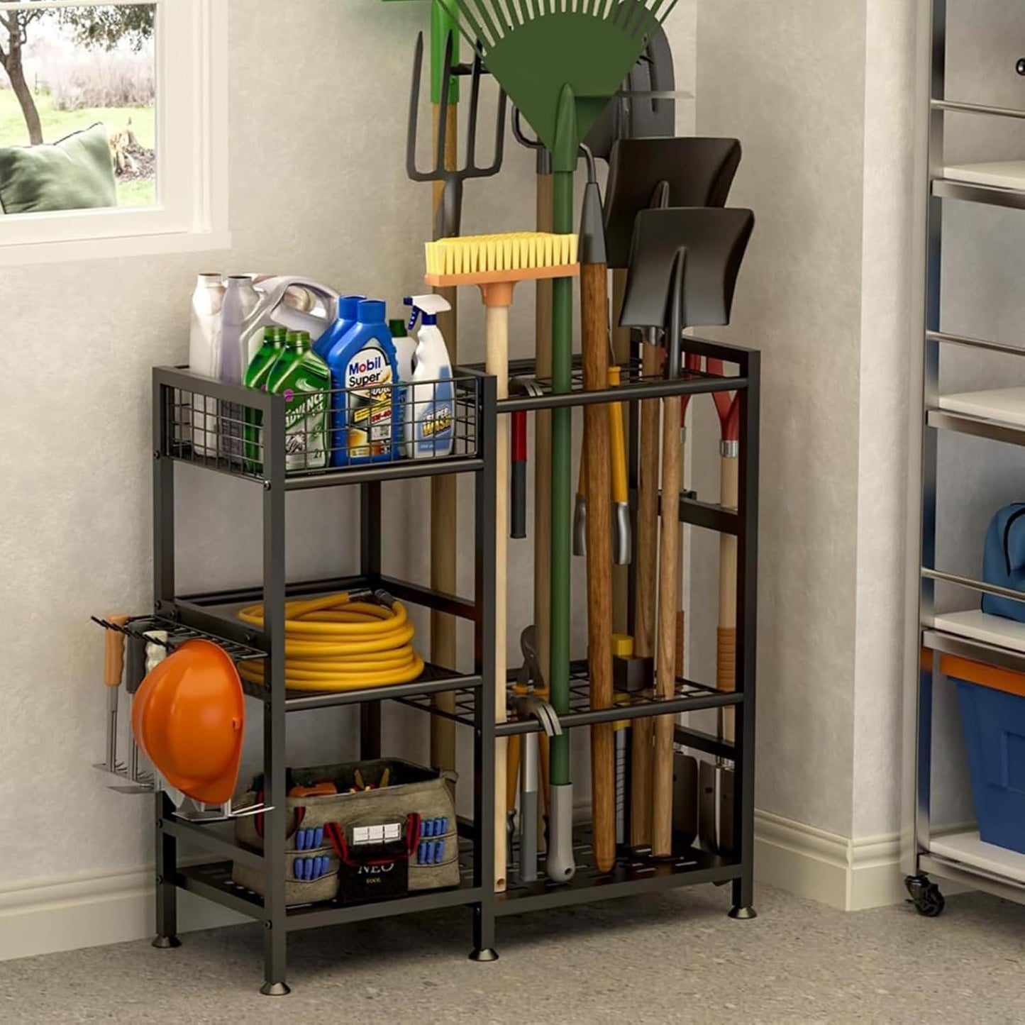 Metal Garden Tool Cart for Outdoor, Heavy Duty Yard Tool Rack Stand Organizer with Hooks, Long Handled Shovels/Rakes/Brooms