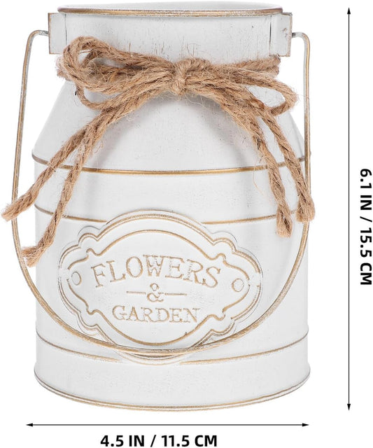 PRETYZOOM Vintage Iron Plant Bucket Flower Vase with Handle White Meta