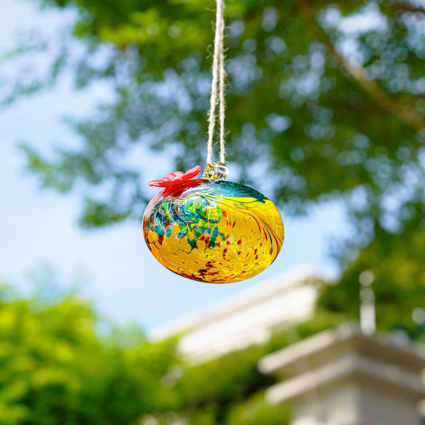 3inch Hand Blown Glass Hummingbird Feeders for Outdoors with 2 Feeding Ports Leak Proof Small Glass Humming Bird Feeder for Window Garden Patio Decoration