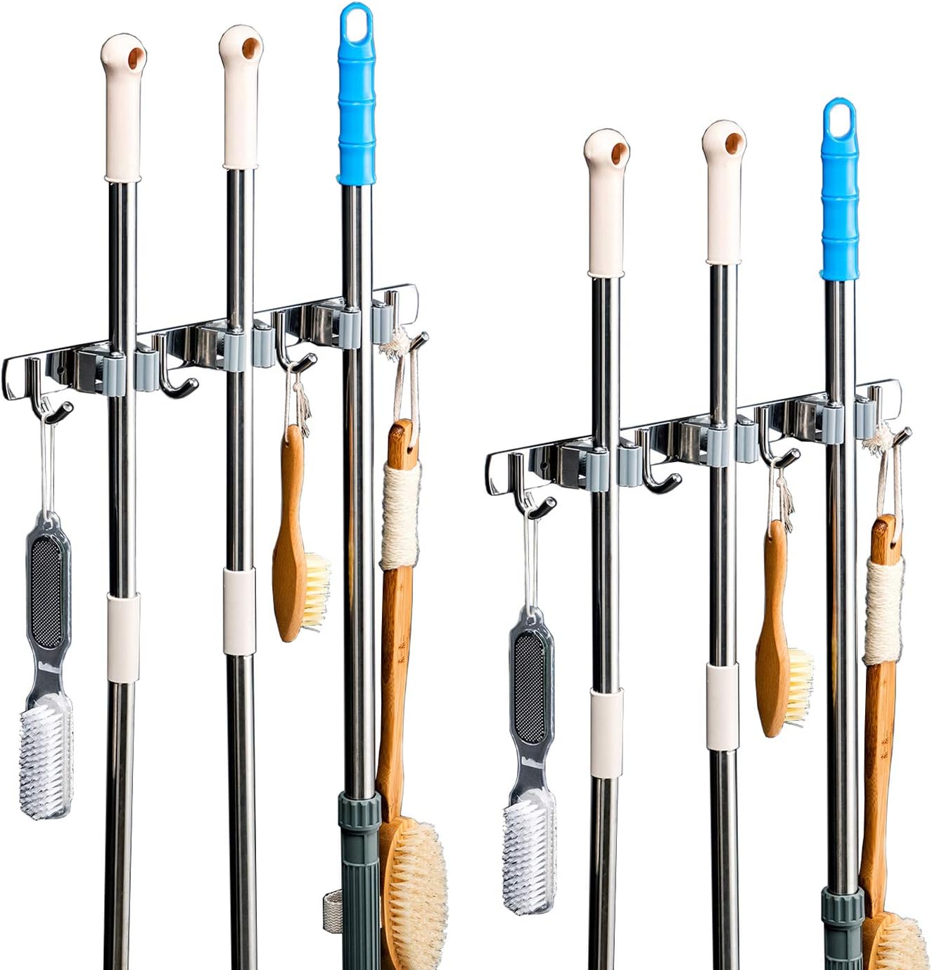DGSL 2 PCS Broom Holder Wall Mount with 3 Racks 4 Hooks, Stainless Steel Wall Mounted Organizer Mop and Broom Storage Tool Rack for Home Kitchen Garden