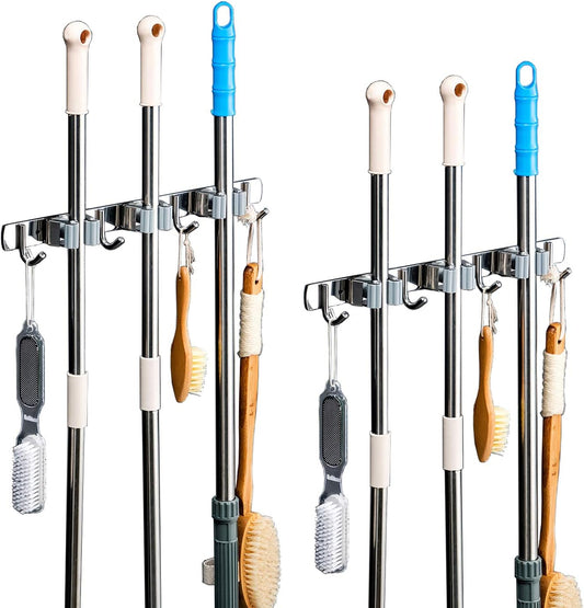 DGSL 2 PCS Broom Holder Wall Mount with 3 Racks 4 Hooks, Stainless Steel Wall Mounted Organizer Mop and Broom Storage Tool Rack for Home Kitchen Garden