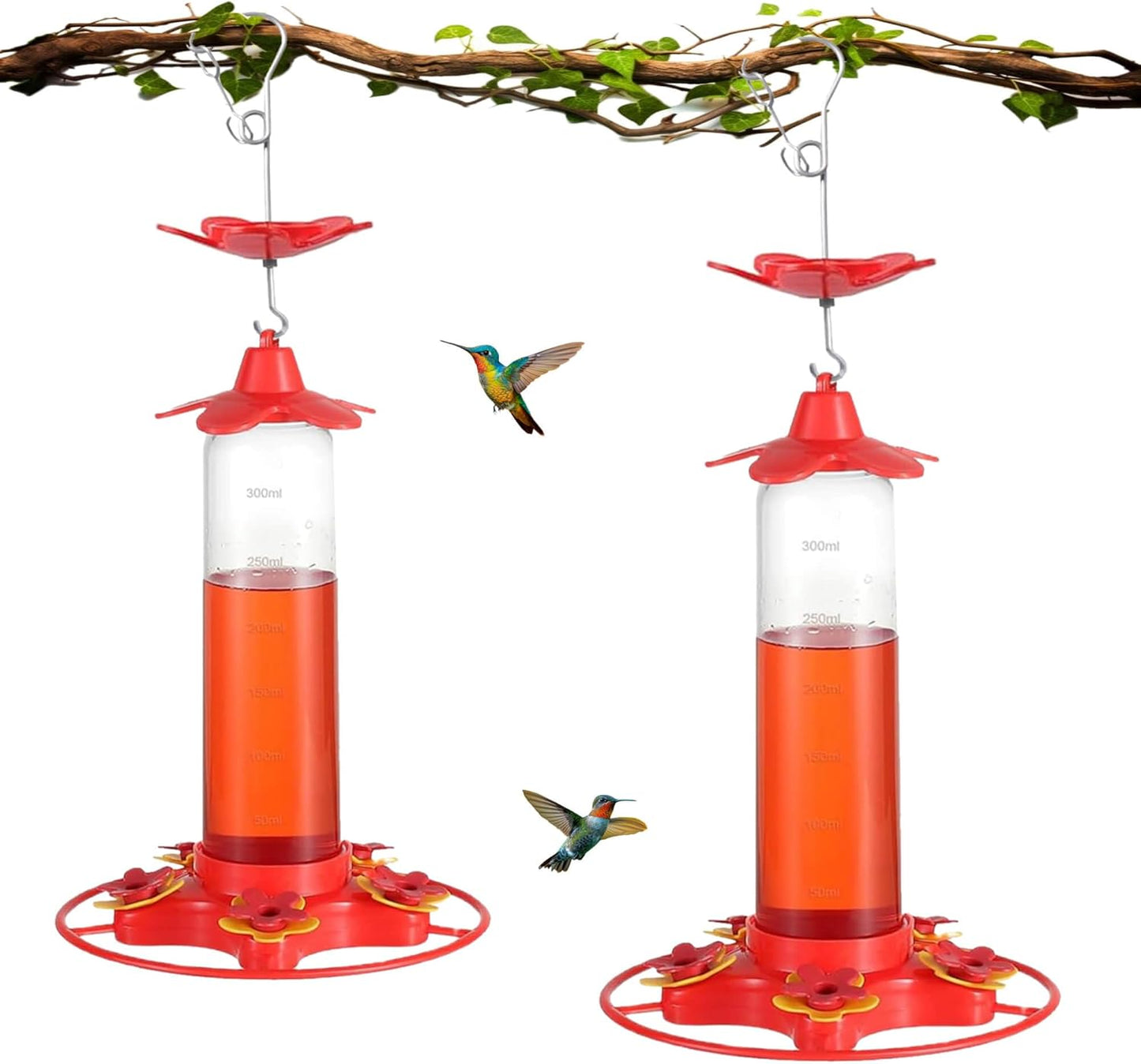 [Patent #1060866S] Hummingbird Feeder 12 oz, 5 Feeding Ports Plastic Humming Feeders for Outdoors Hanging, Upgraded Anti-Fall Hook, Ant Moat, Leak-Proof, Easy to Clean (2 Pack)